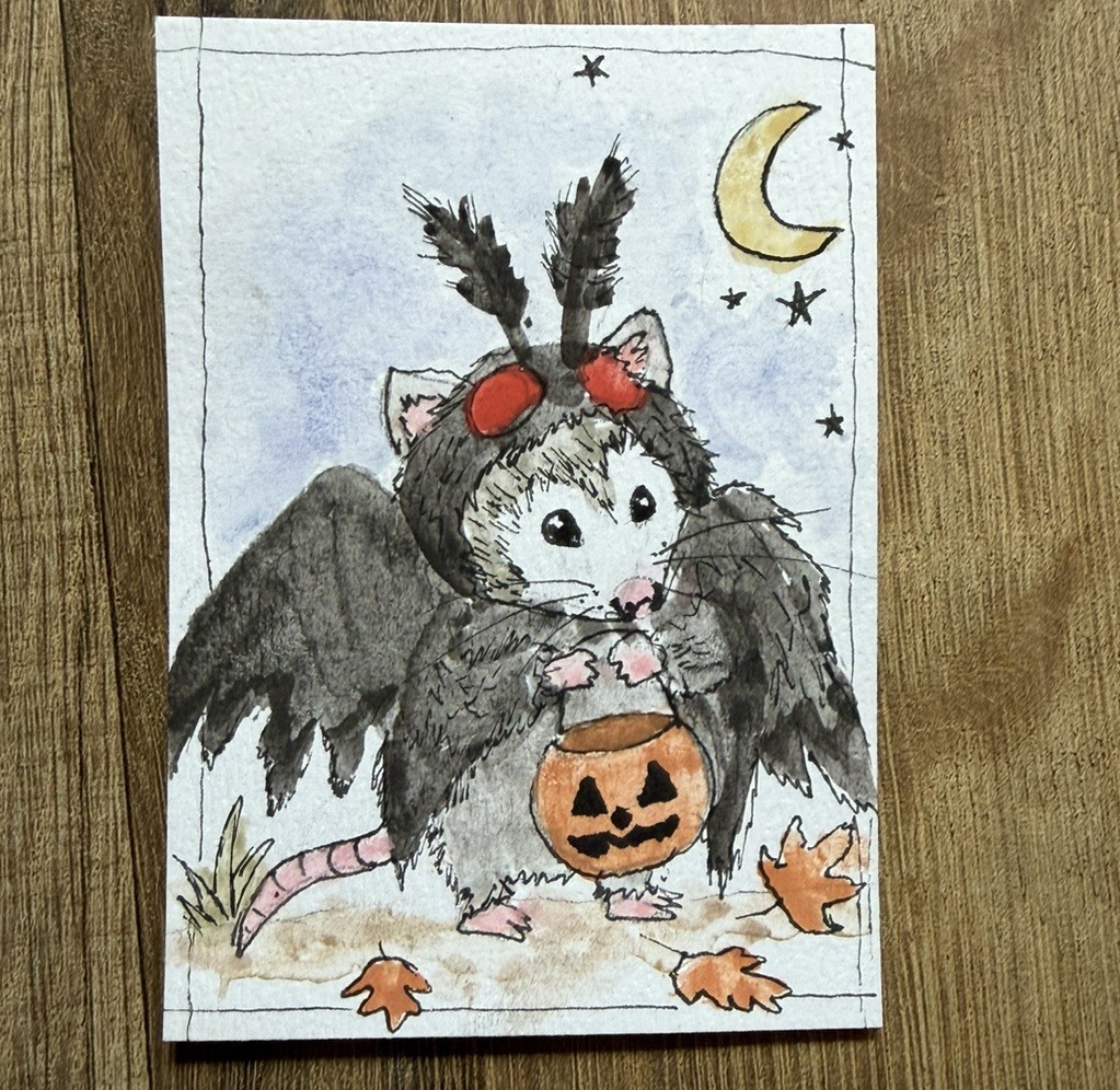 Possum Halloween ACEO Original Art Card Hand Drawn OOAK  Mothman trick or treat 