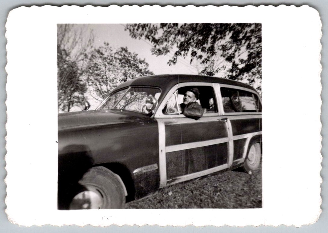 Vtg B&W Snapshot Man In Glasses Driving Vintage Woody Station Wagon Cars Early Vtg B&W Snapshot Man In Glasses Driving Vintage Woody Station Wagon Cars Early