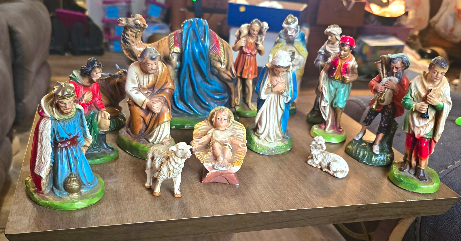 Vintage Columbia Statuary Nativity Set 15 Pc Italy Chalkware Camel Wise Men