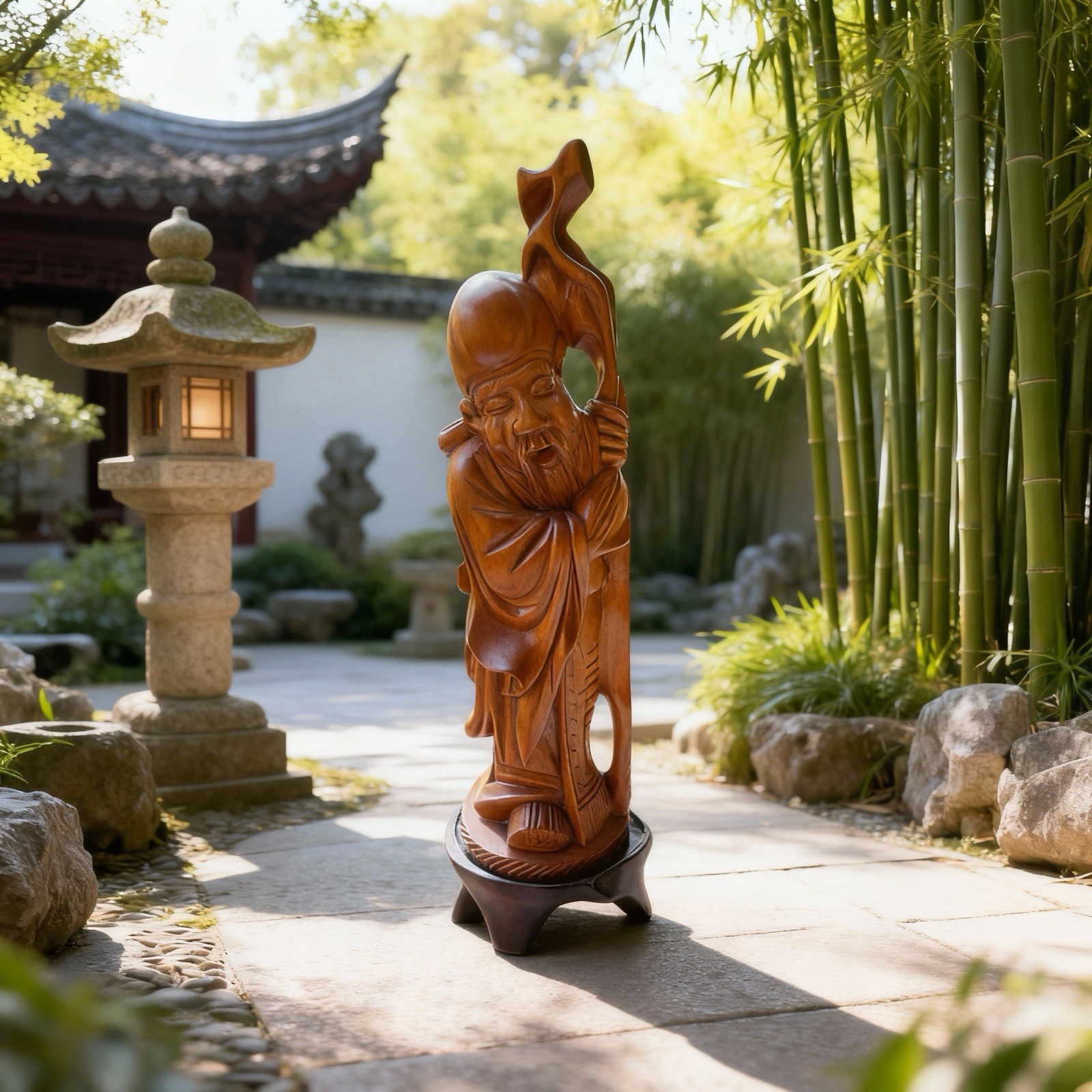 Vintage Chinese God of Longevity Hand-carved 5.75” tall Figurine On Wooden Base