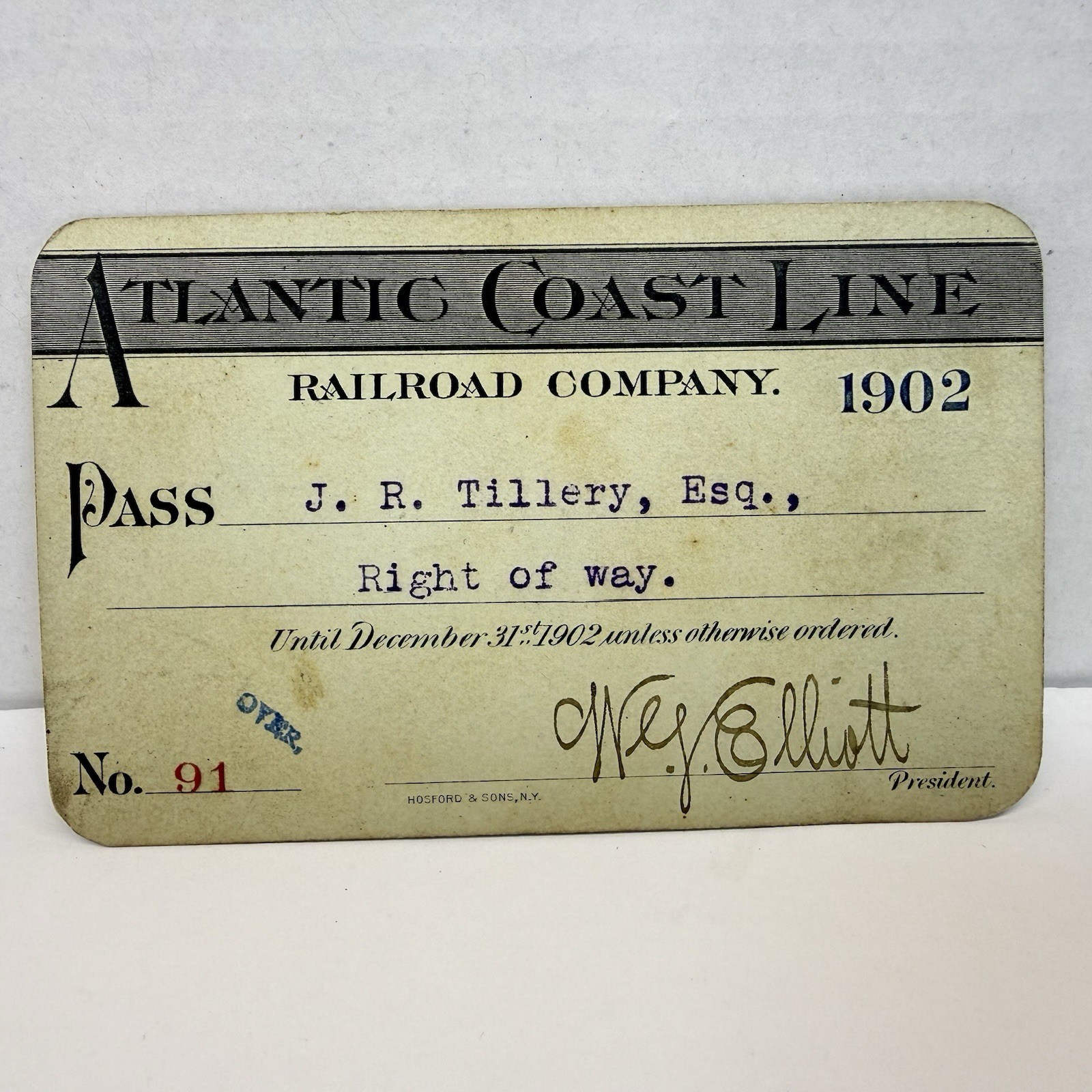 Rare 1902 Atlantic Coast Line Railroad Company Railway Pass RR #91