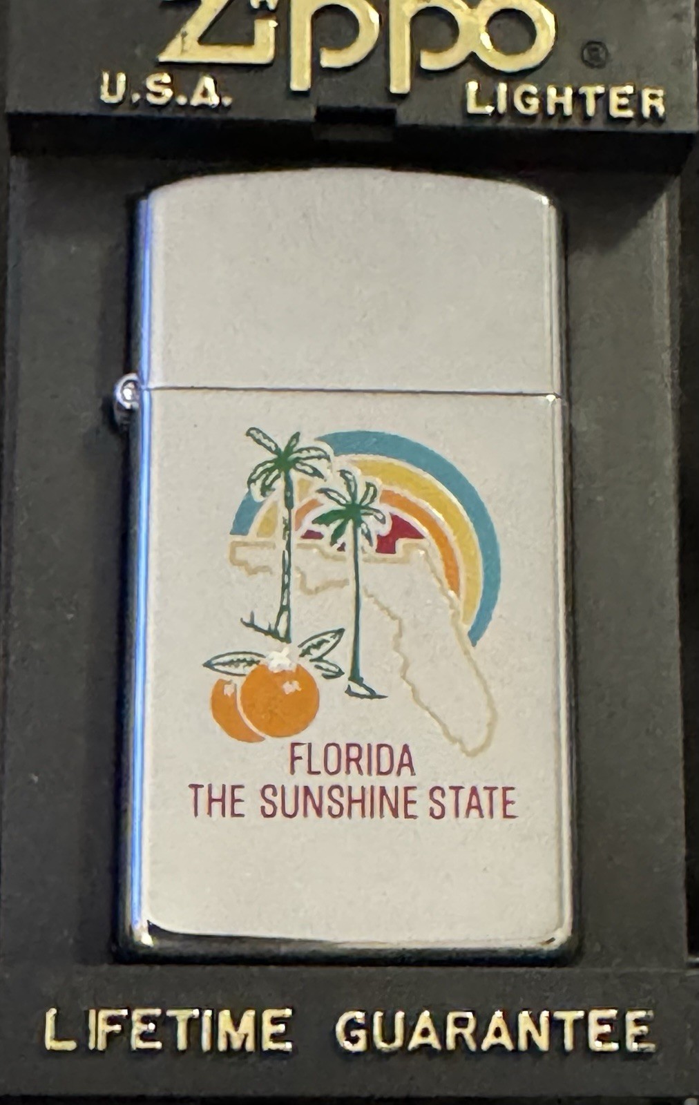 ZIPPO SLIM FLORIDA THE SUNSHINE STATE LIGHTER 1994 D X HIGH POLISH CHROME W/ BOX