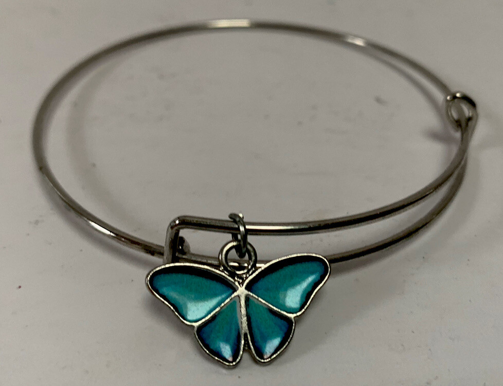 Butterfly Silvertone Slide Bracelet & Faux Turquoise Stone  Charm Adjustable