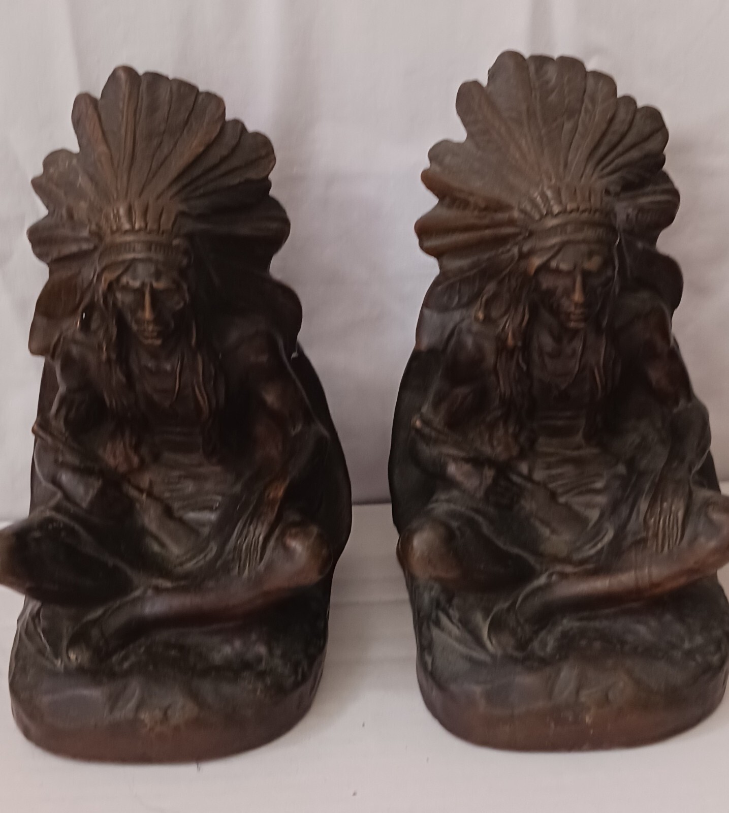 Antique K.B.W. Art Bronze Seated Indian Chief Bookends