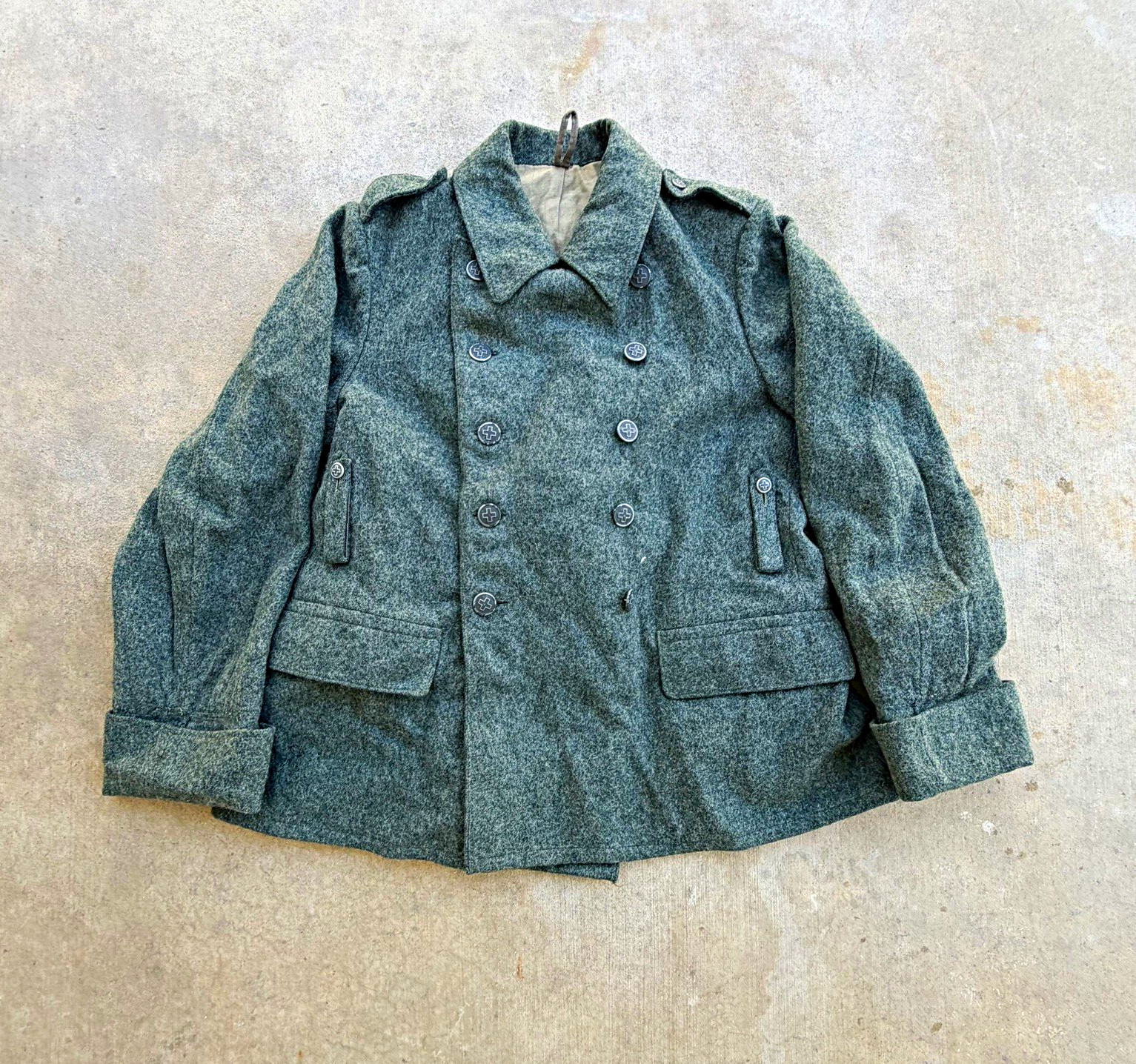 1945 Vintage Swiss Army Double Breasted Wool Military Jacket WWII Era