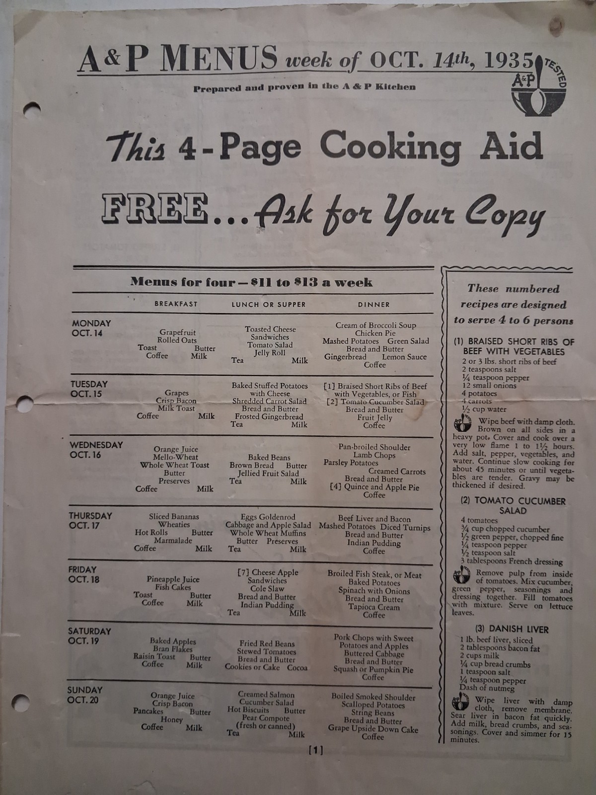 1935 A&P Menus Week Oct 14 GROCERY STORE COFFEE TEA
