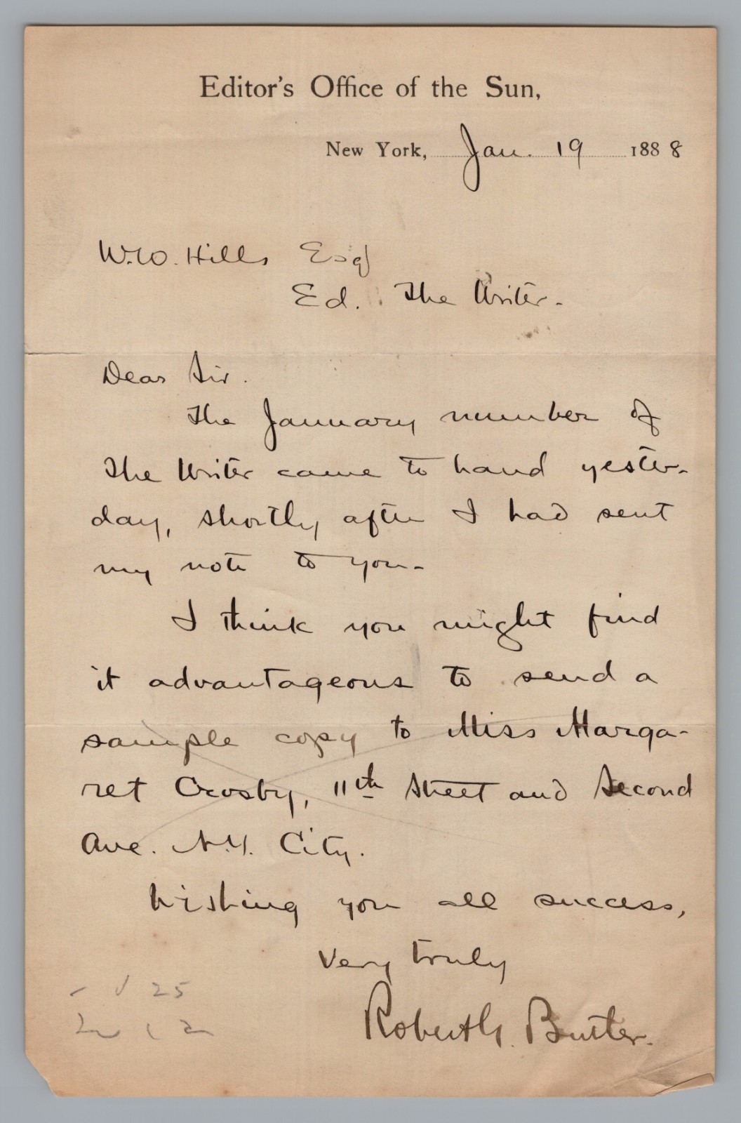 1888 Robert G Butler Signed Letter NY Sun Newspaper Staff Editor Autograph ALS