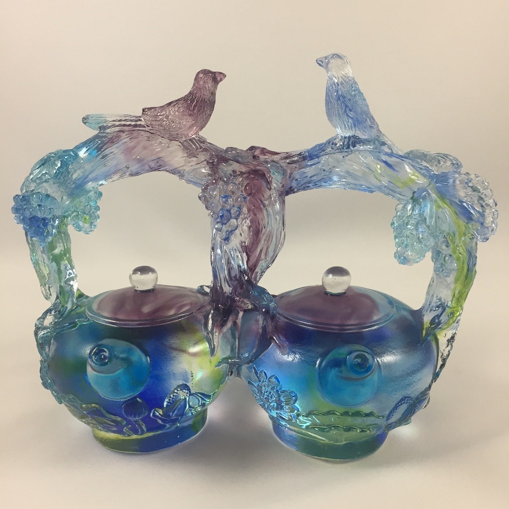 Liuli Crystal Glass Couple Birds Tea Pot Sculpture – Feng Shui Harmony Decor