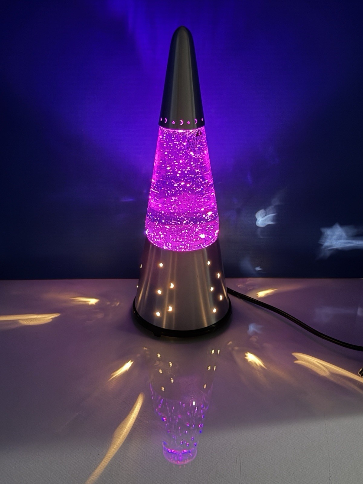 Vintage Lava Lite Wizard Moon Stars Glitter Lamp ~Purple Glitter ~Silver Base