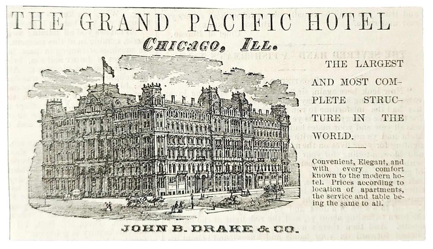 1876 Grand Pacific Hotel Advertisement Chicago Illinois John B. Drake Victorian