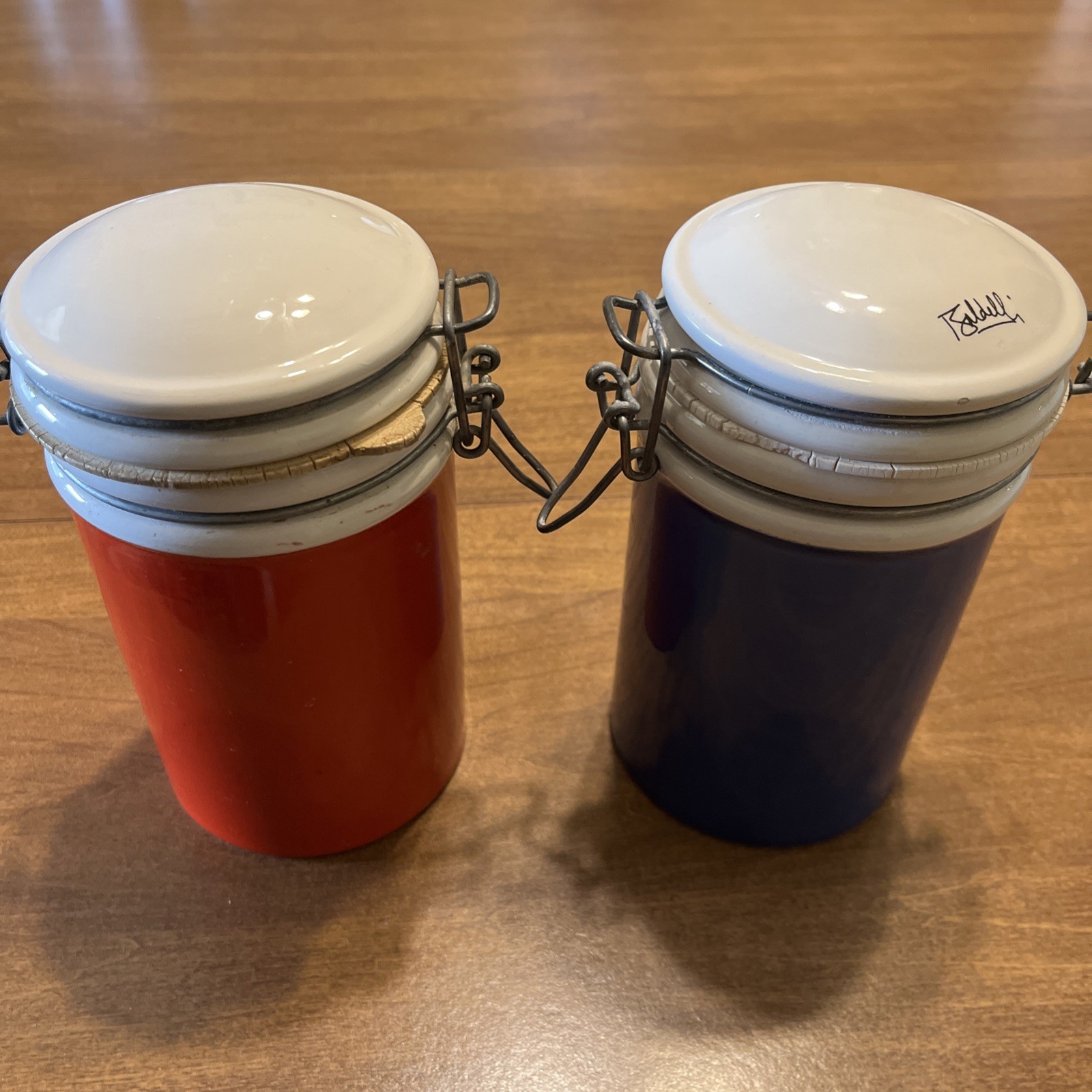 Vintage Red Blue Baldelli Italian Pottery Canisters Set of 2 Jars with Wire Lids