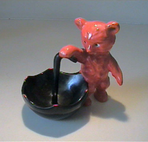 VINTAGE 1950'S CERAMIC ORANGE BEAR WITH BLACK UMBRELLA CANDY DISH