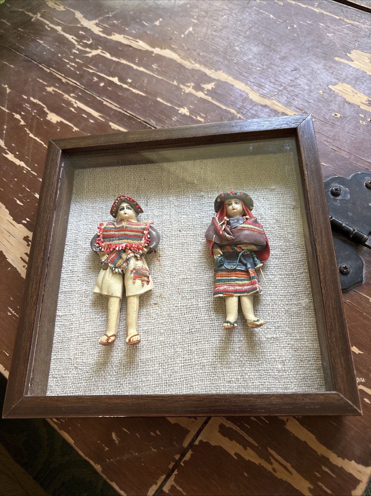 Pair Of 2 Vintage  BOLIVIAN  DOLLS REGIONAL FOLK ART Handmade In 1970 Framed