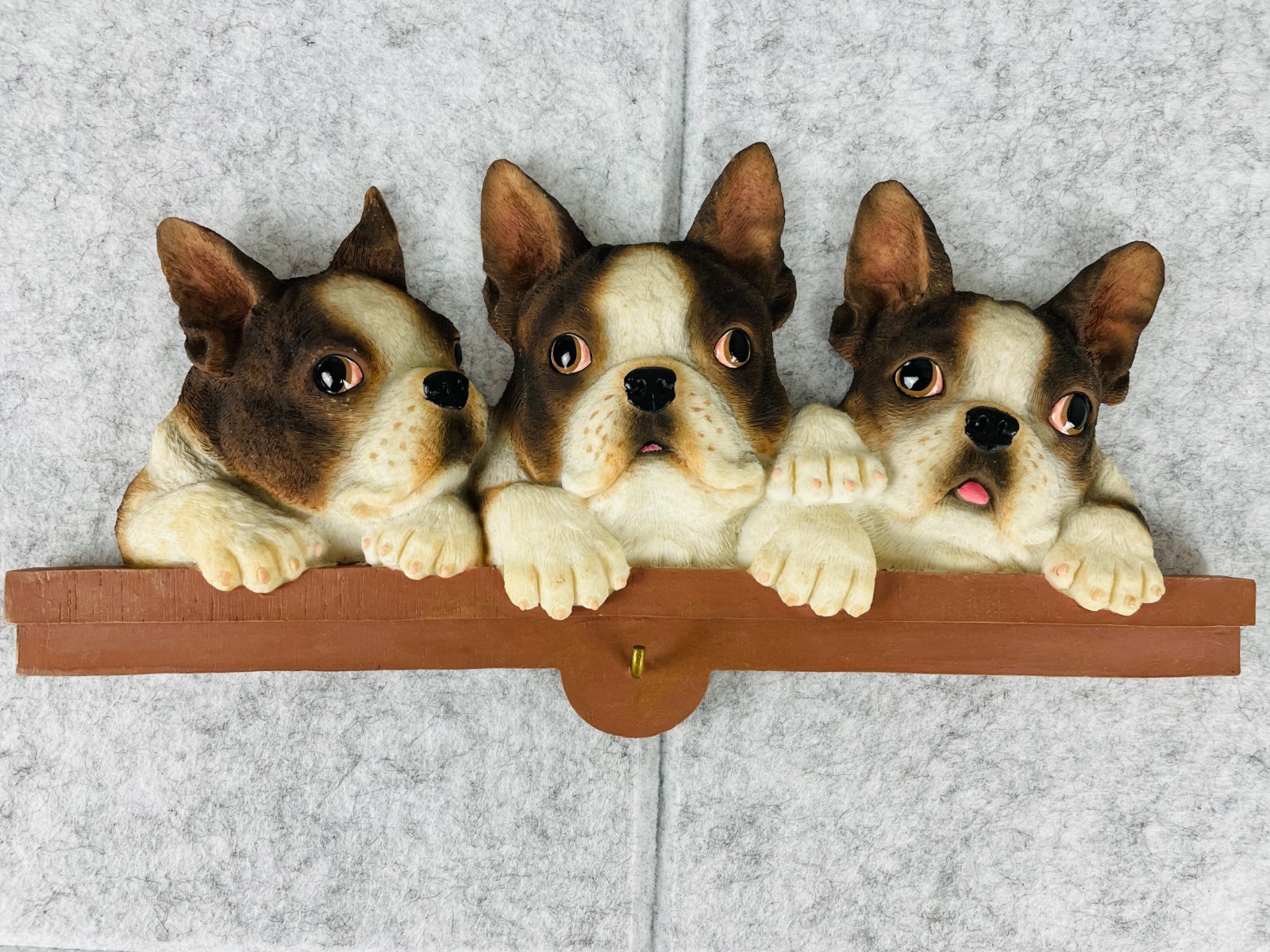 Vtg 2003 KC Creations Boston Terrier Puppies Wall Plaque Dog Leash Hook Key Hold
