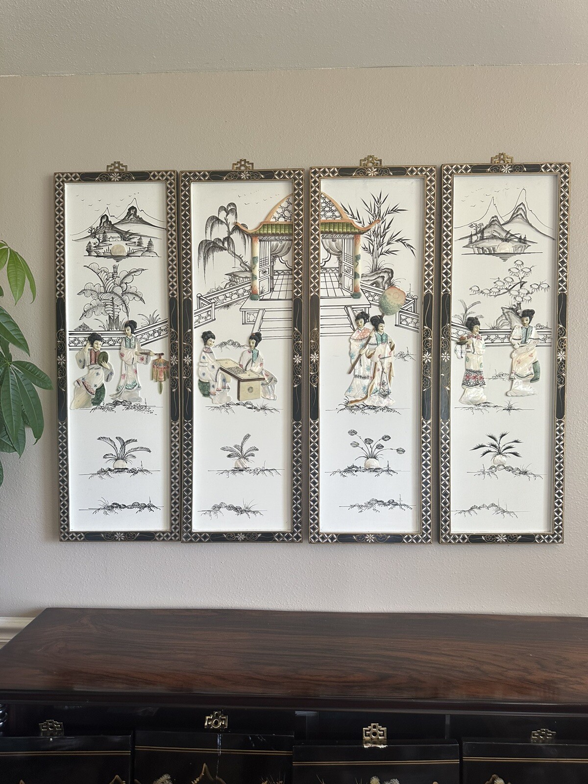 4 Vintage Oriental Mother of Pearl Lacquer Asian Wall Art Panels 12