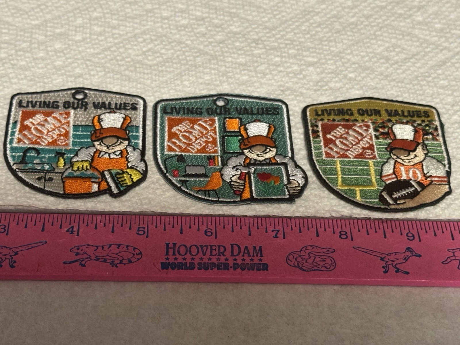LOT OF 3 HOME DEPOT LIVING OUR VALUES IRON ON PATCHES CLEANING HANDYMAN FOOTBALL
