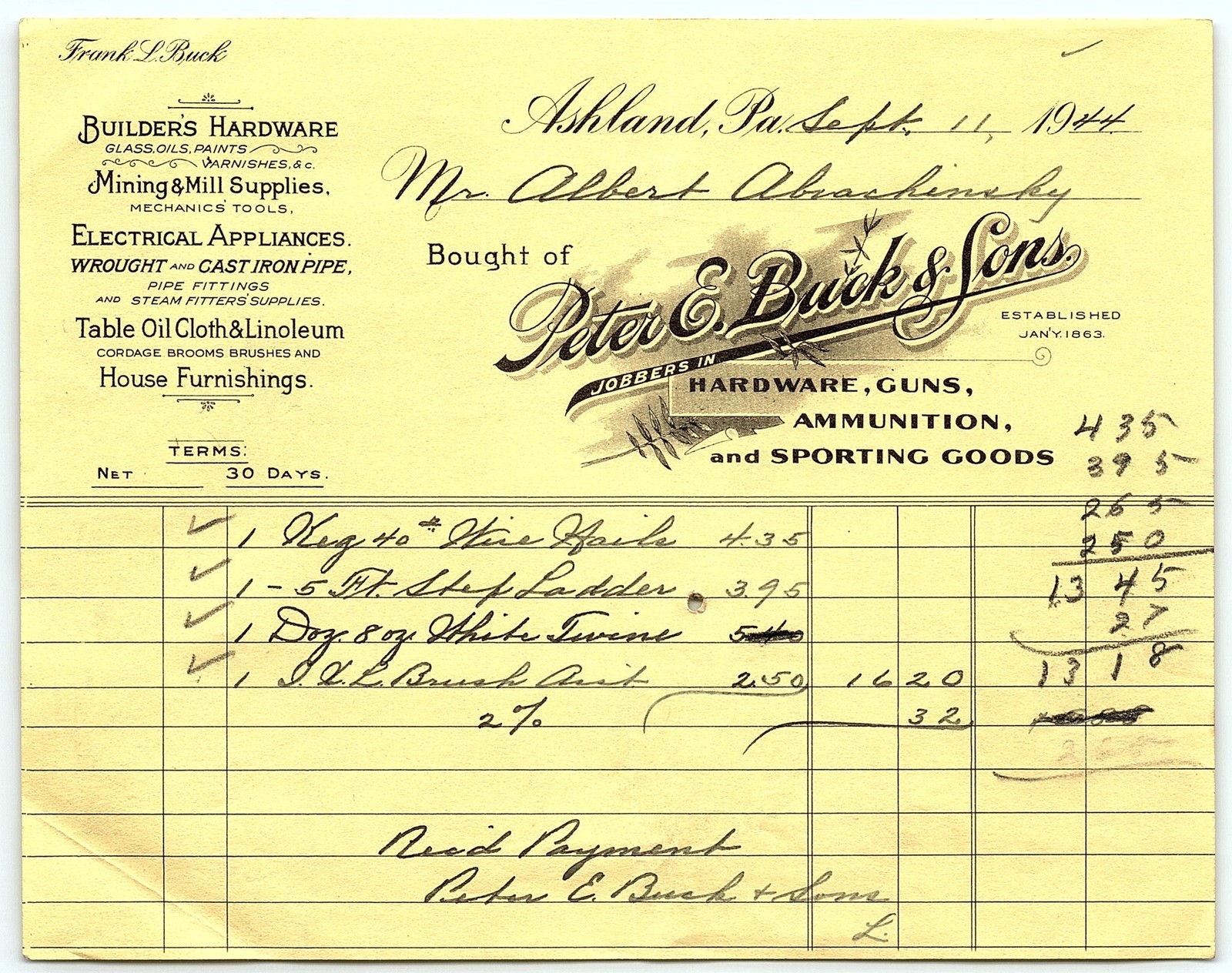 1944 Ashland PA Peter E. Buck & Sons Hardware Billhead