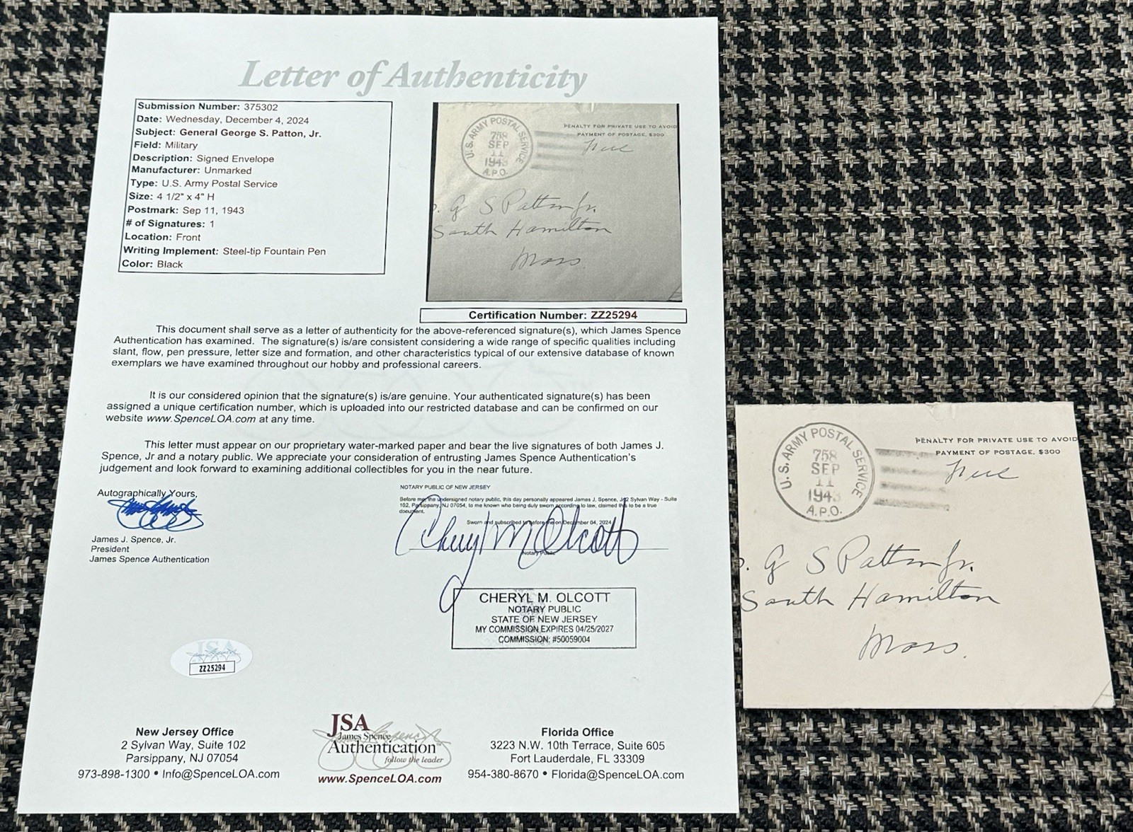 General George S. Patton Signed Autograph 4.5x4 1943 US Army Envelope JSA LOA