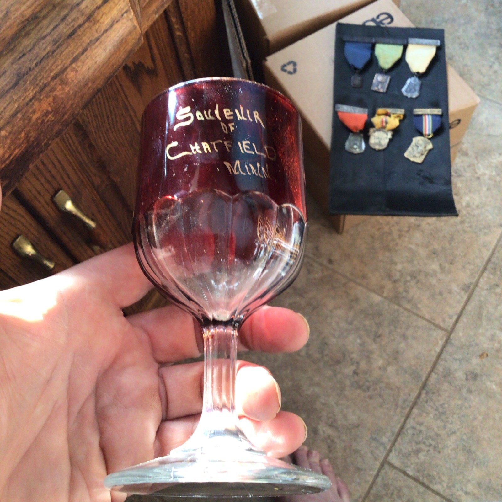 6” Ruby Flash Cup Chatfield Minn, Stem Glass . 1920’s . Rochester Mn , 