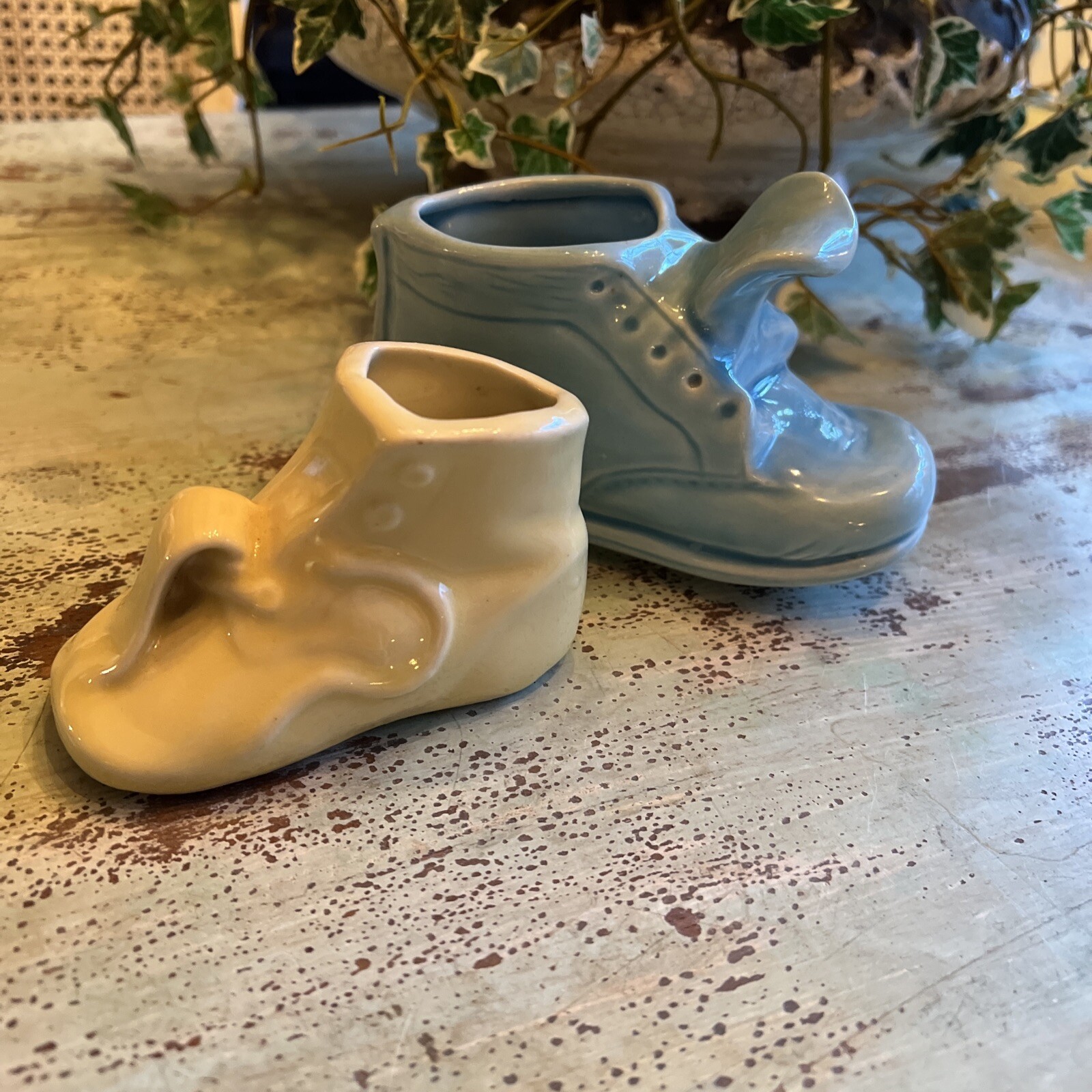 Set 2  Vintage Ceramic Baby Shoe Art Pottery Planter Vase Bootie