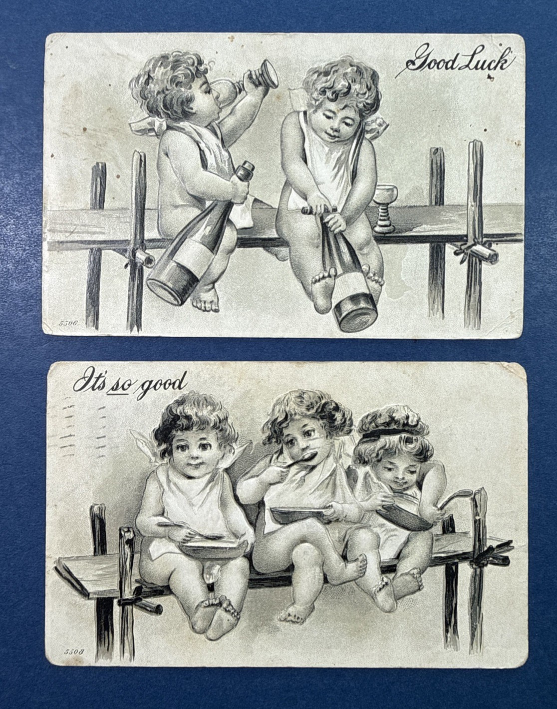 SET 2 Children Greetings Antique Postcards. 1908 era. Eating & Drinking. Humor