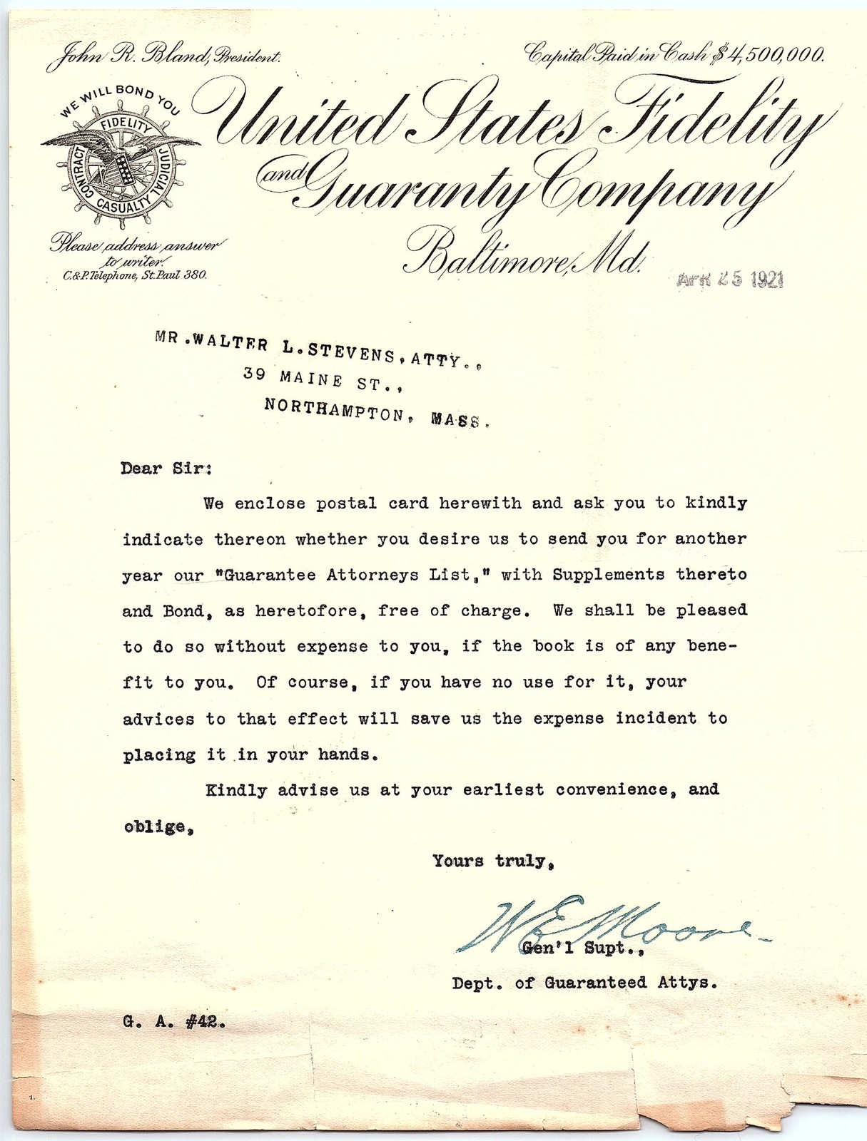 1921 US Fidelity & Guaranty letter, handwritten notes back