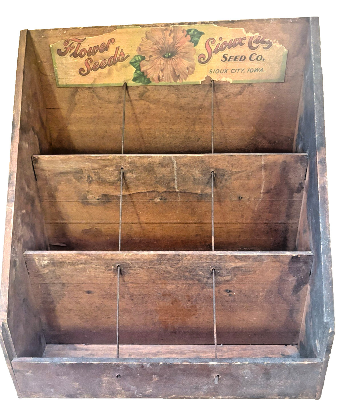 ANTIQUE c1900s SIOUX CITY SEED CO. WOODEN COUNTRY STORE COUNTERTOP DISPLAY BOX