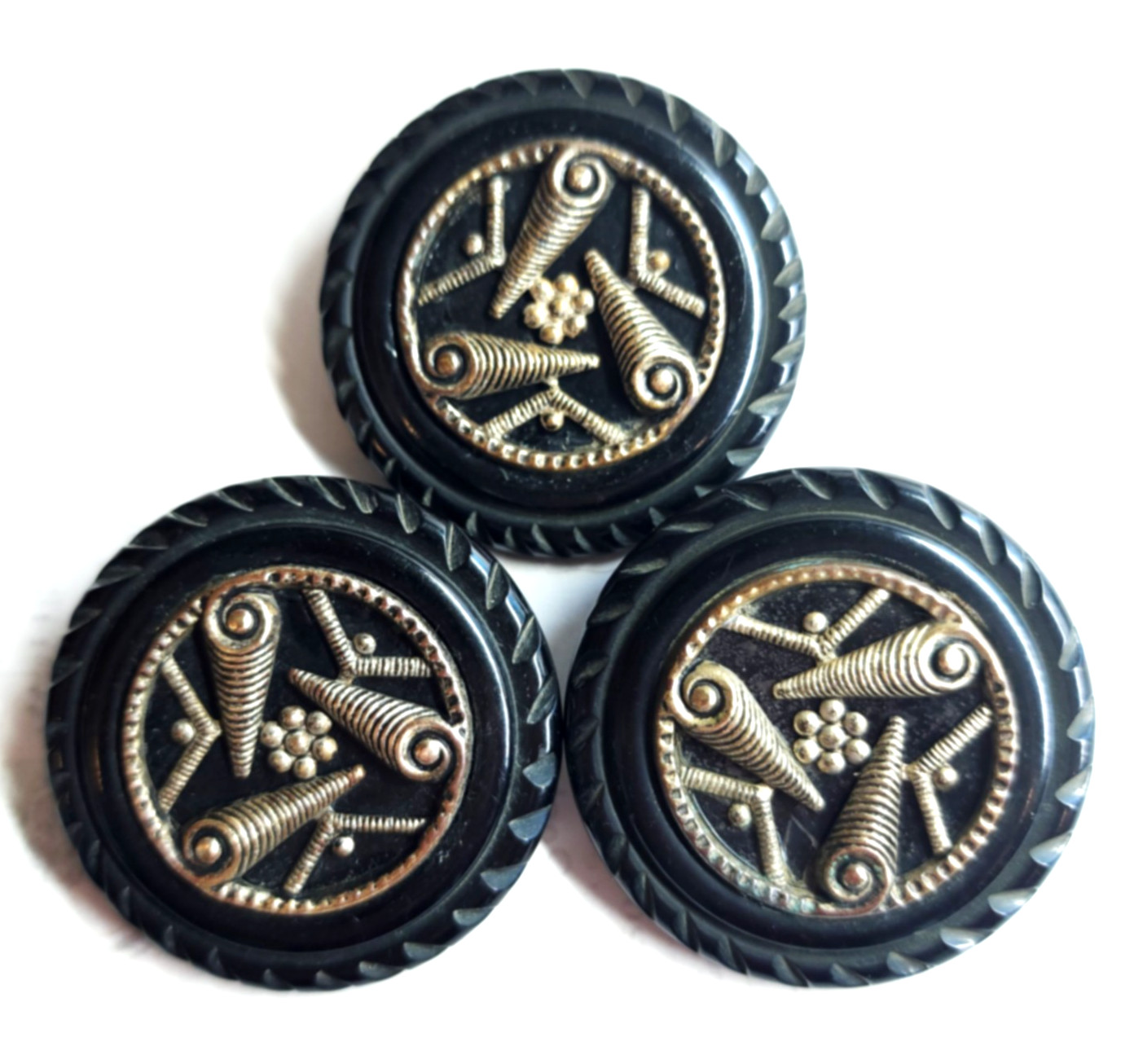 3 Large Vintage Coat Buttons ~ White Metal Escutcheon on Black Plastic ~ 1-3/4\