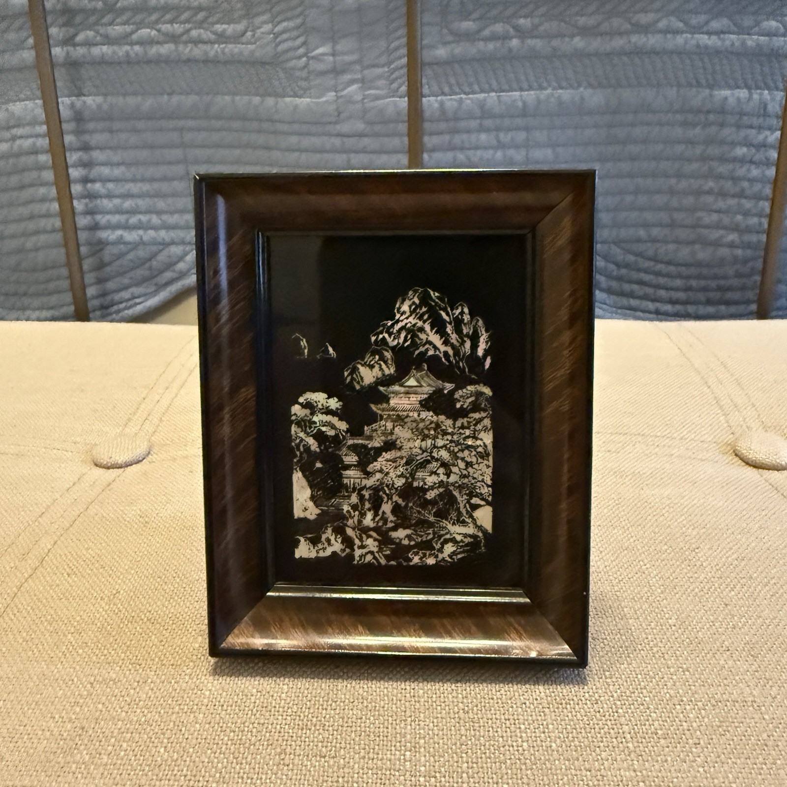 Japanese Mother Of Pearl Inlay Framed Art Small Black Lacquer Picture Decor