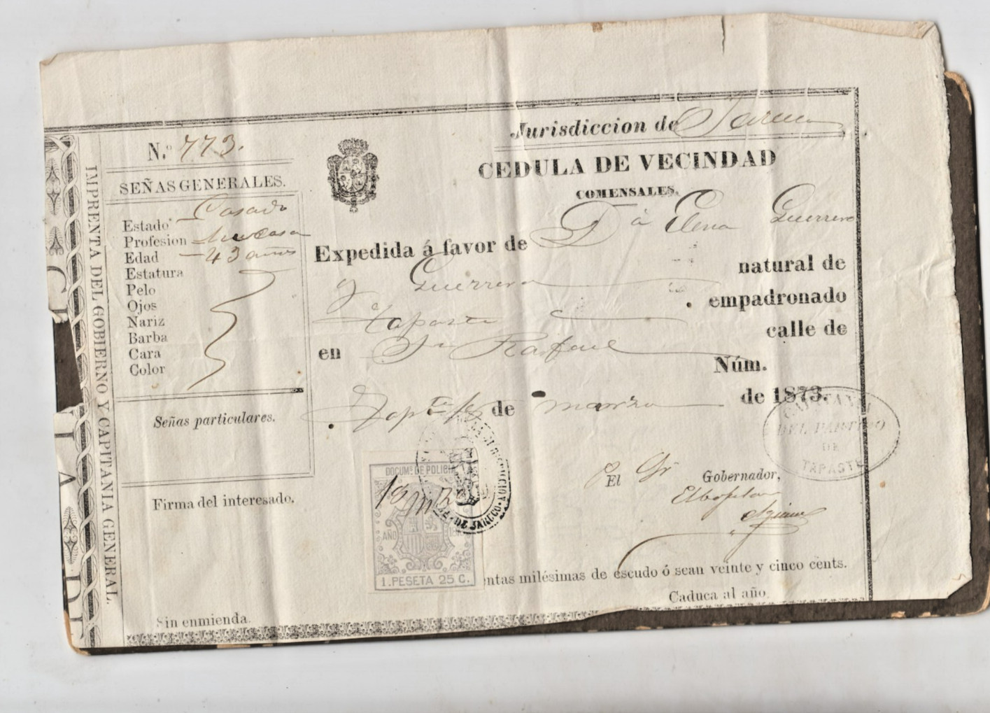 ANTIQUE SPANISH DOCUMENT  1873, SIGNED BY GOBERNADOR, ESTANISLAO FIGUERAS