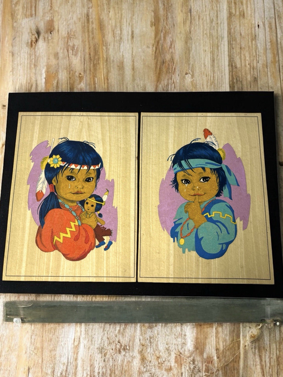 VTG Native American Paintings Children Handmade Velvet MCM Set of 2 1970s