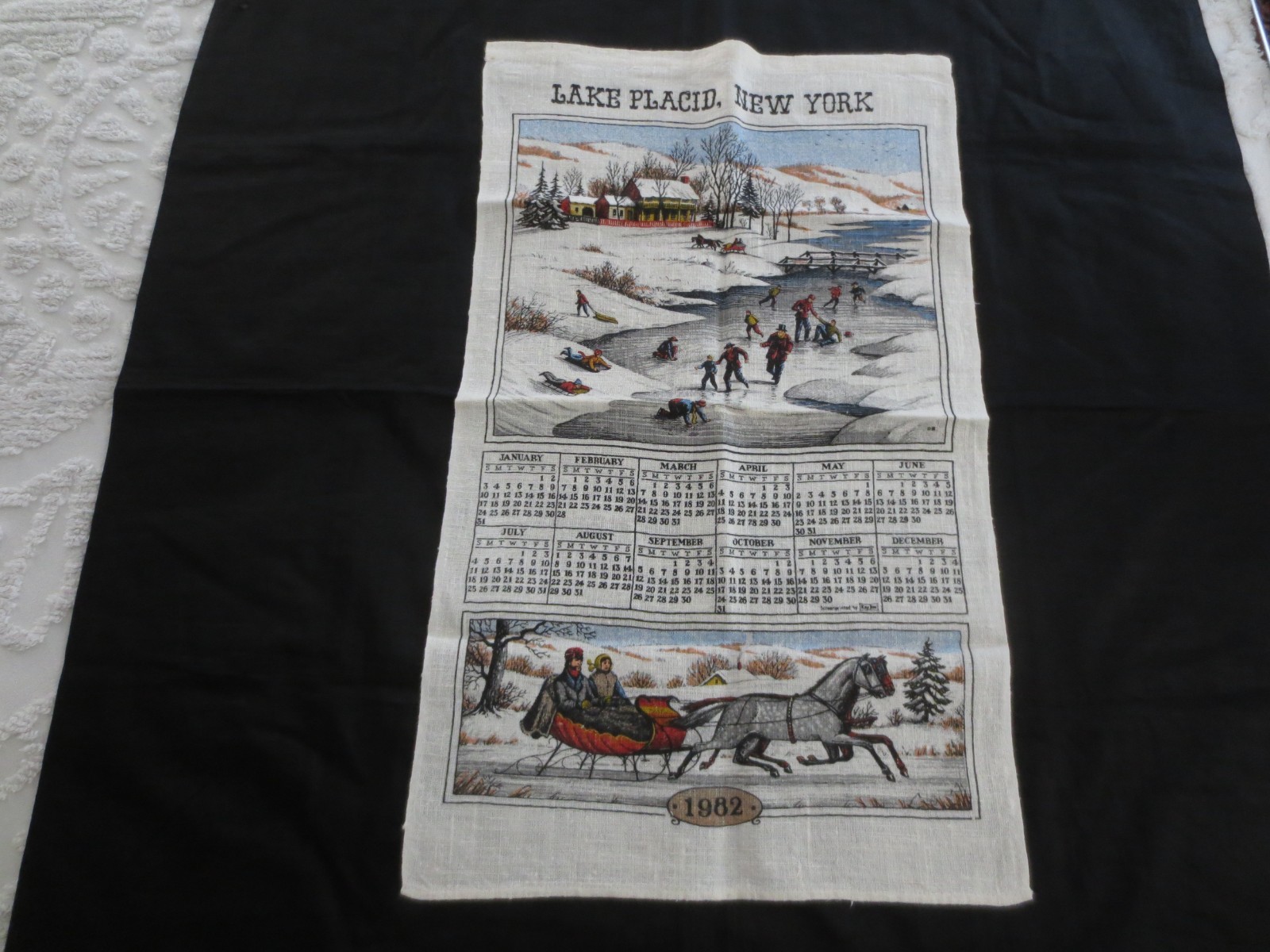 Vtg. LAKE PLACID, NEW YORK 1982 CALENDAR TOWEL Wall Hanging - 16\