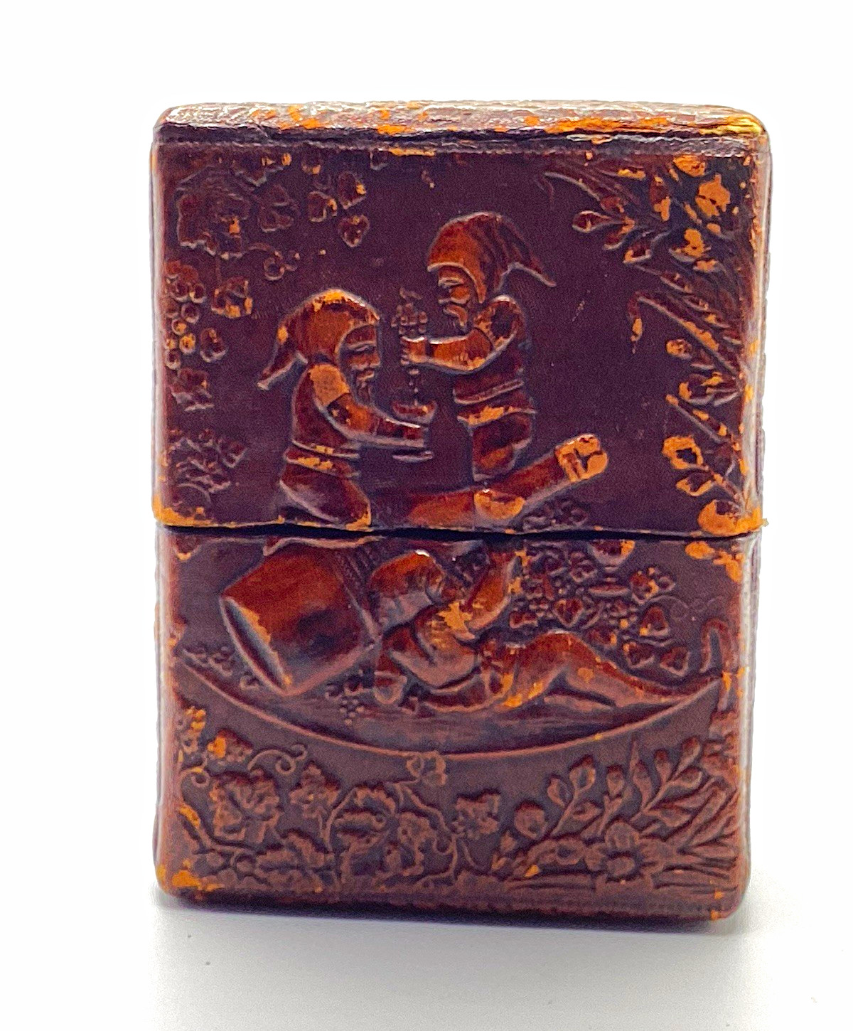 Vintage 1940-60’s Embossed Leather Playing Cards Box/Used/Elves/Great Condition 