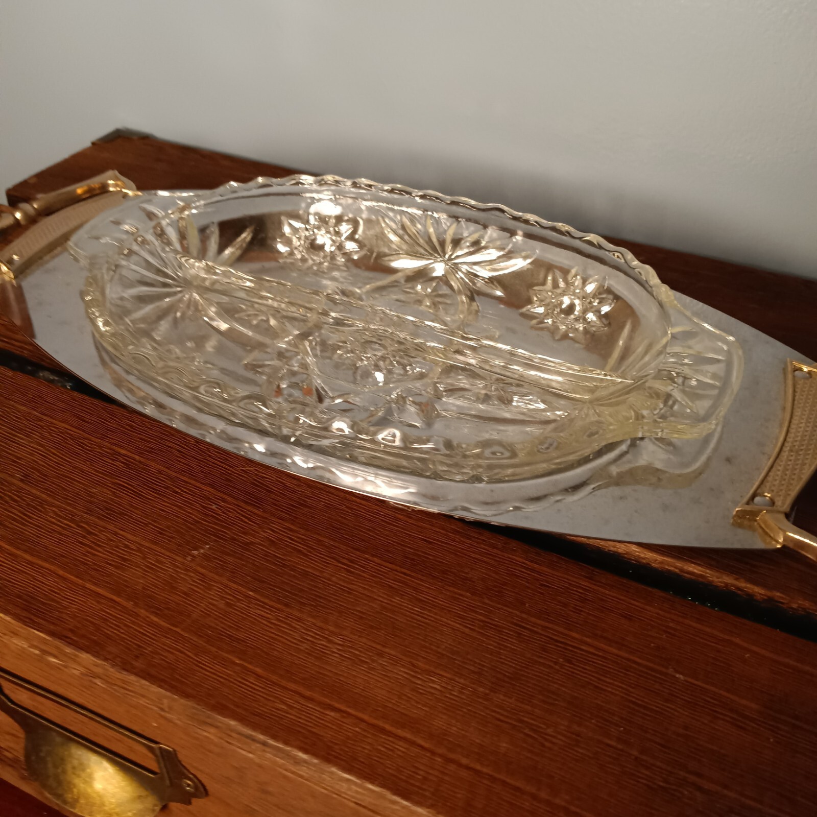 Vintage Kromex Handled Relish Server, Pressed Glass Divided Dish