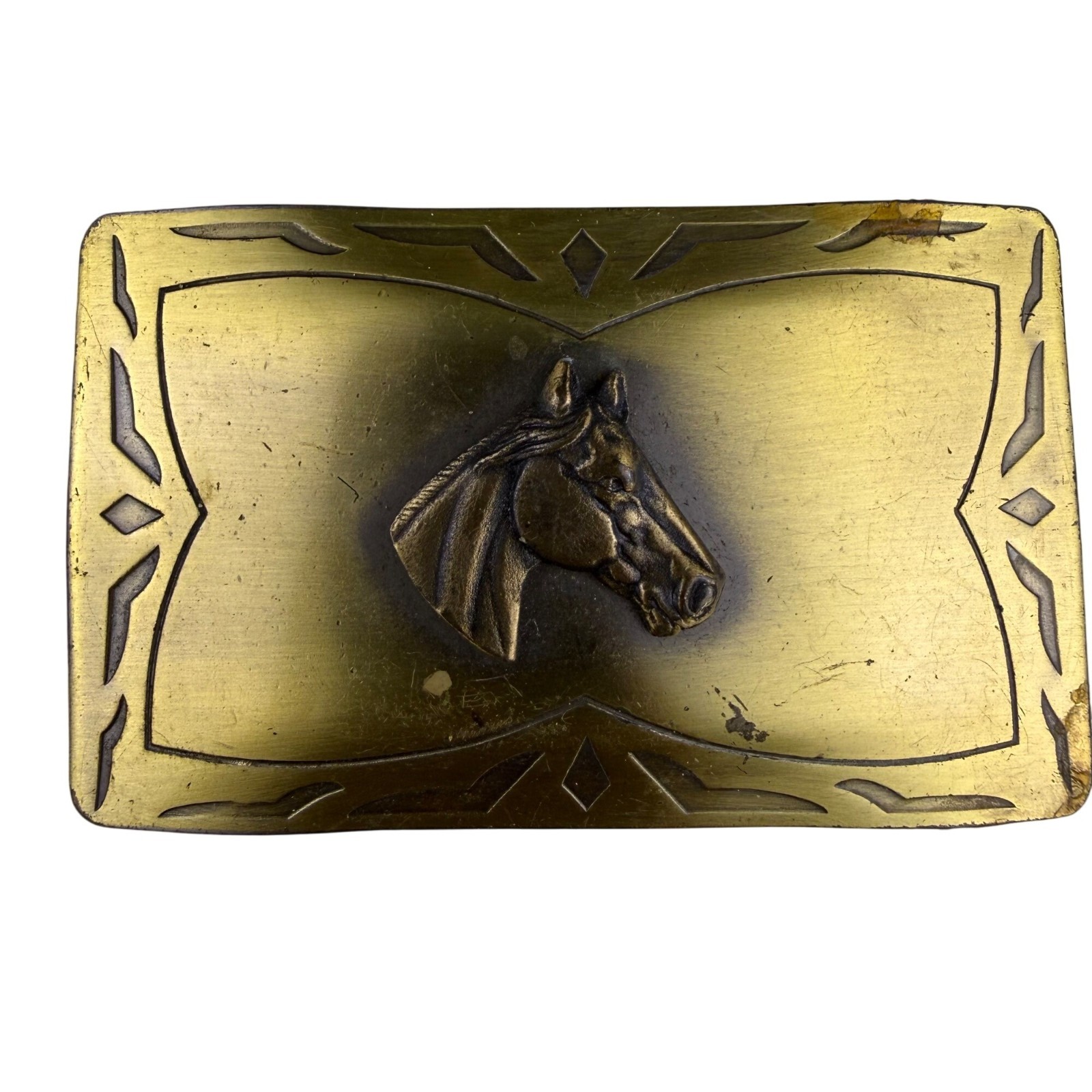 Vintage Brass Mens Western Belt Buckle Horse Head Design Rectangular 3.5\