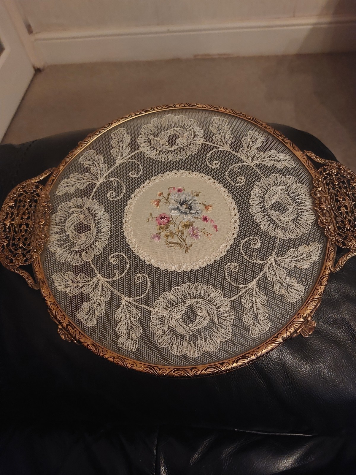 Vintage Round Petit Point Dressing Table/Vanity  Tray