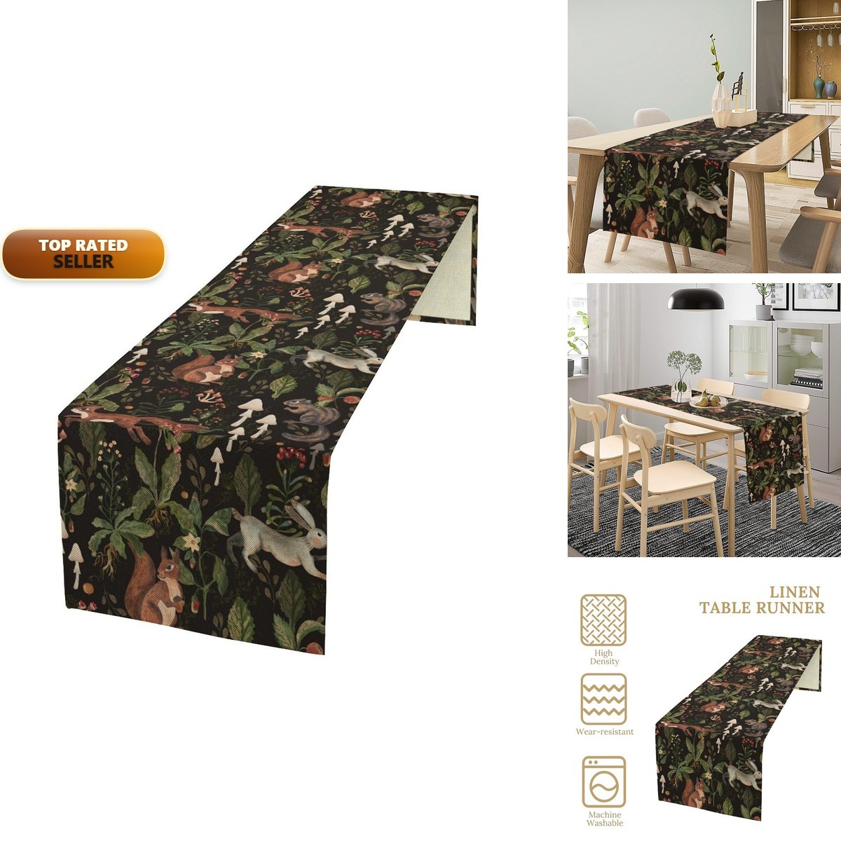 JanJCurt Rustic Woodland Table Runner, Rustic Forest Wild Animals Bunny Rabbit