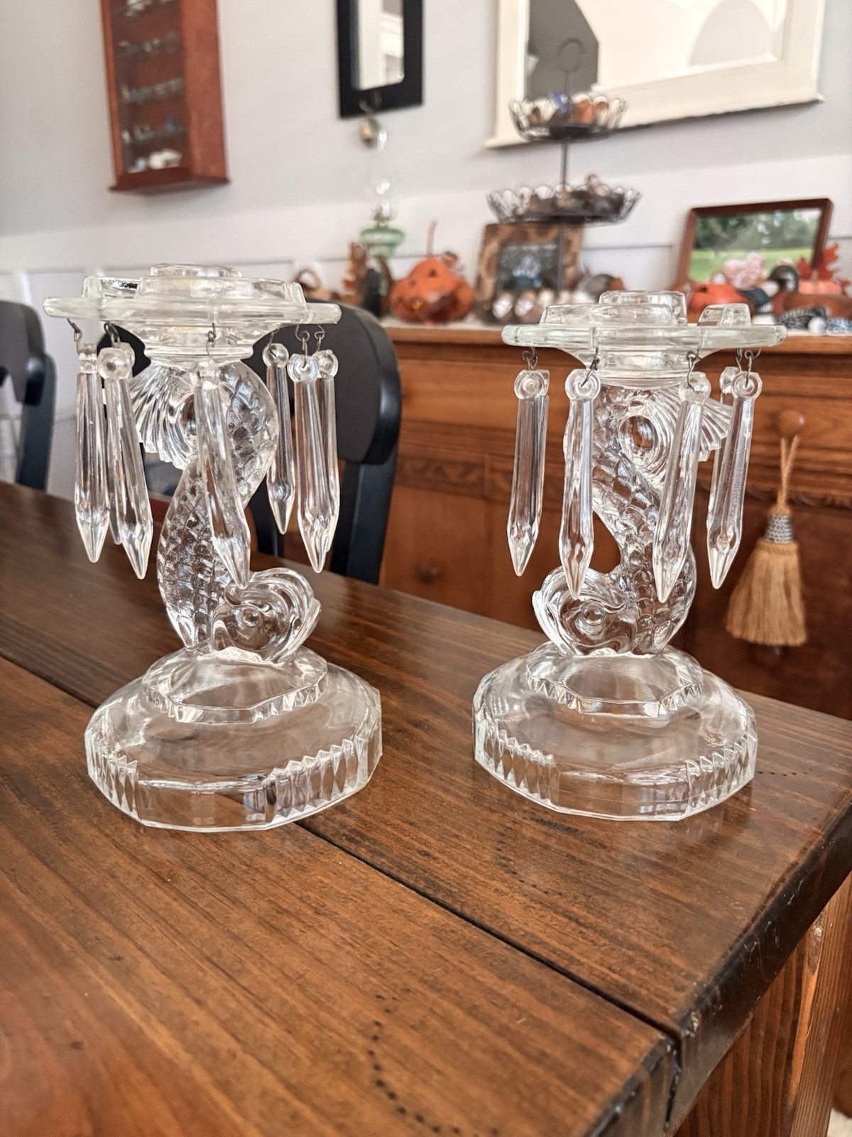 Pair Of Vintage Indiana glass dolphin Koi candle holders w/crystal prisms