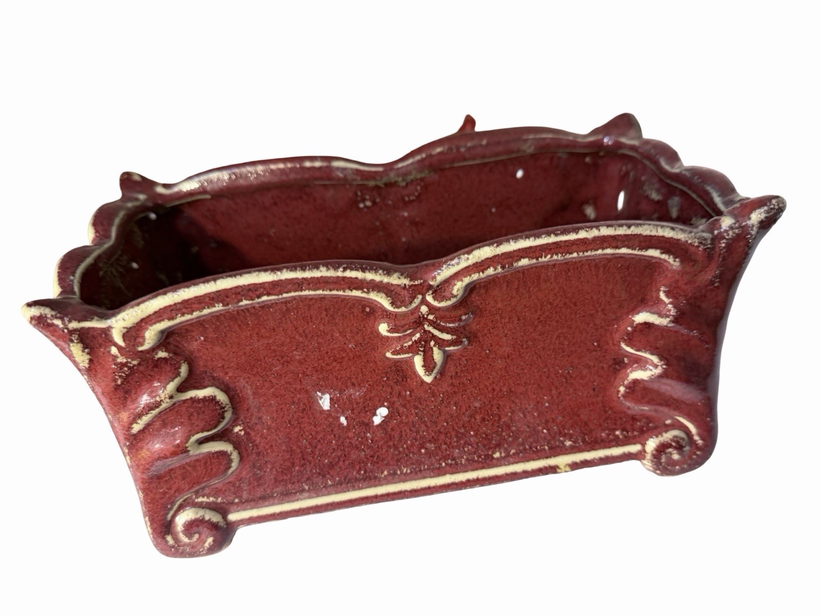Vintage Ornate Burgundy Red Glazed Ceramic Planter Jardiniere Box