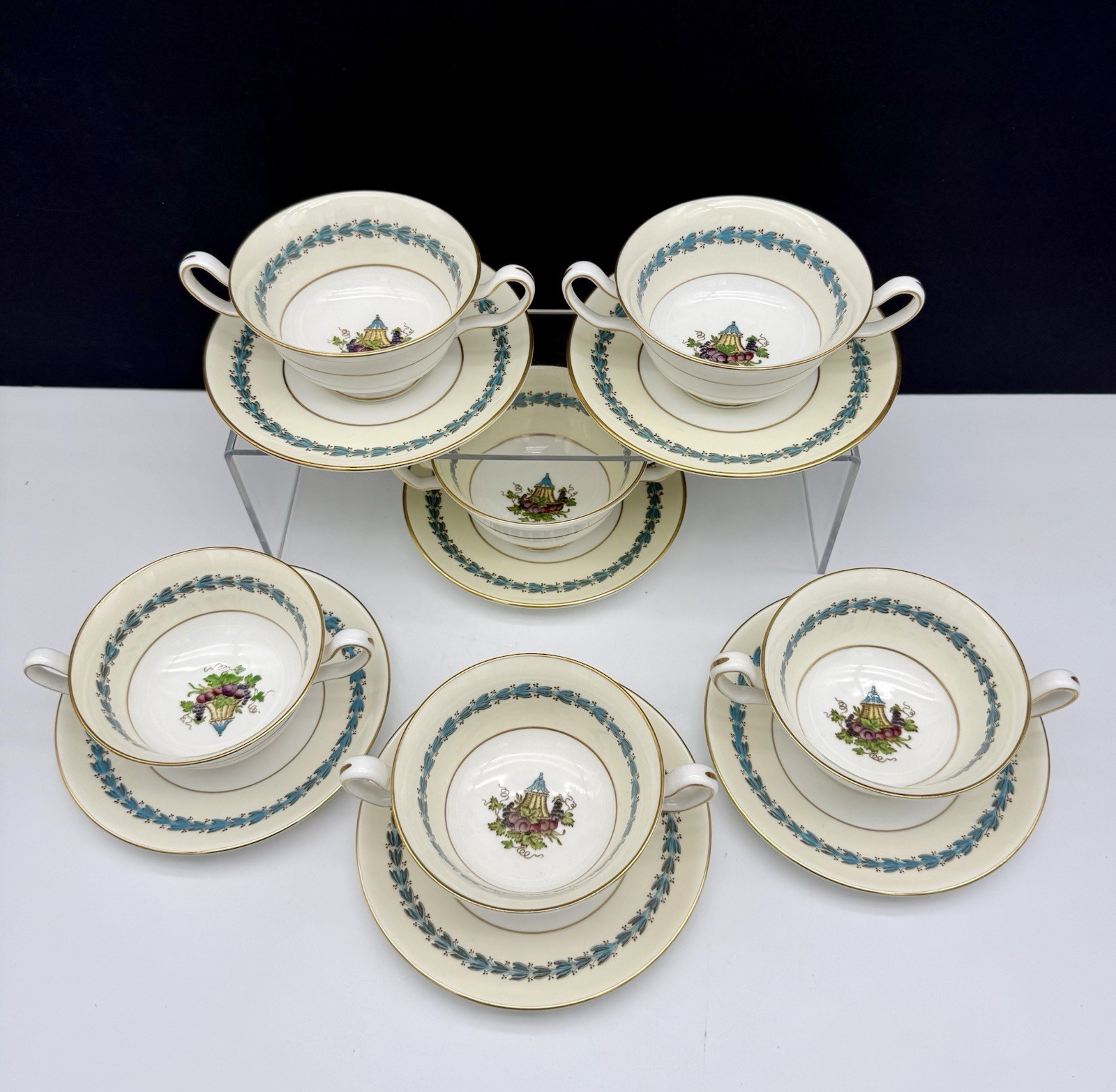 Wedgwood Bone China Appledore Urn Mark Cream Soup & Saucer Cream Border - Set 6