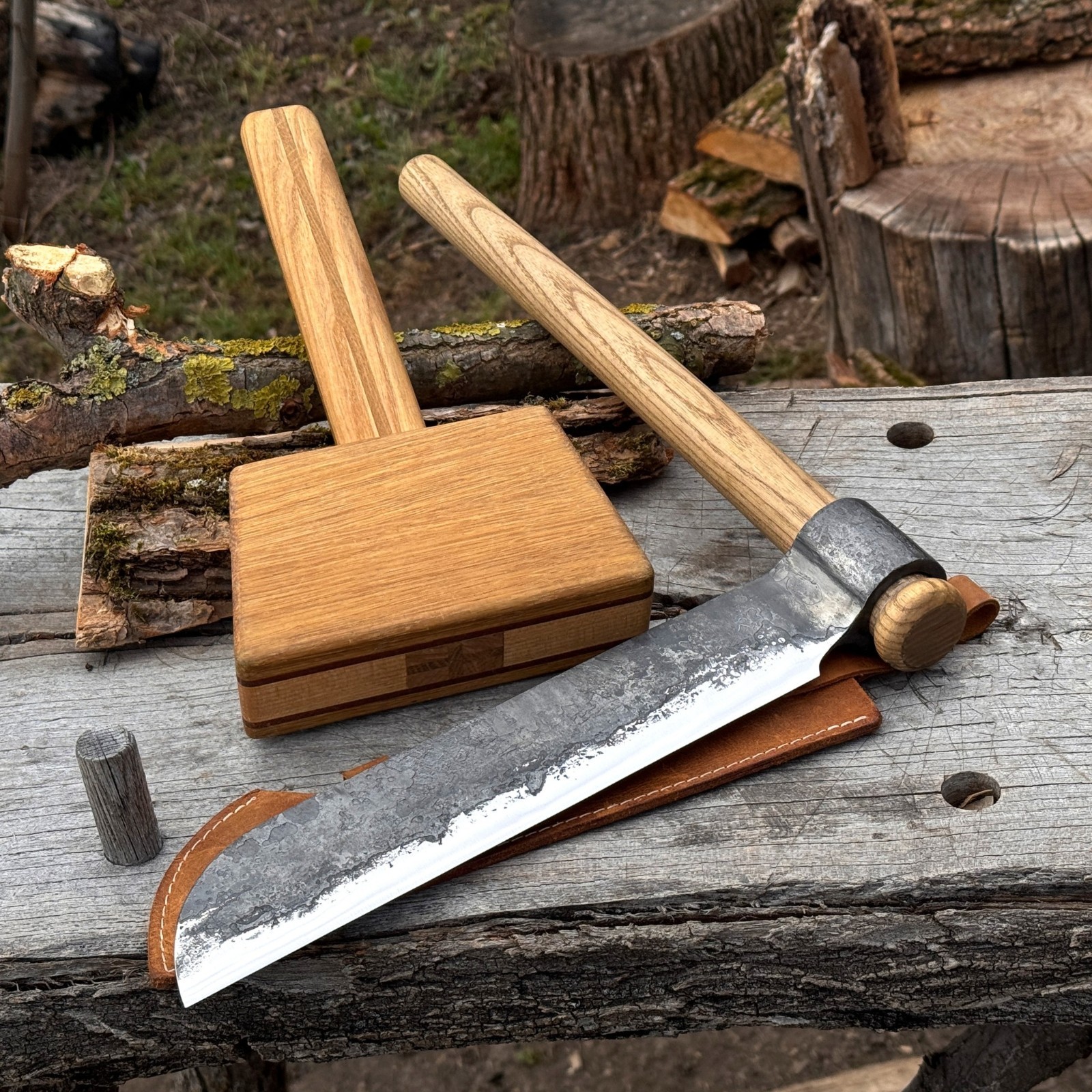 Froe and Mallet Set 52100 Steel Hand Forged Wood Splitting Timber Framing Tool