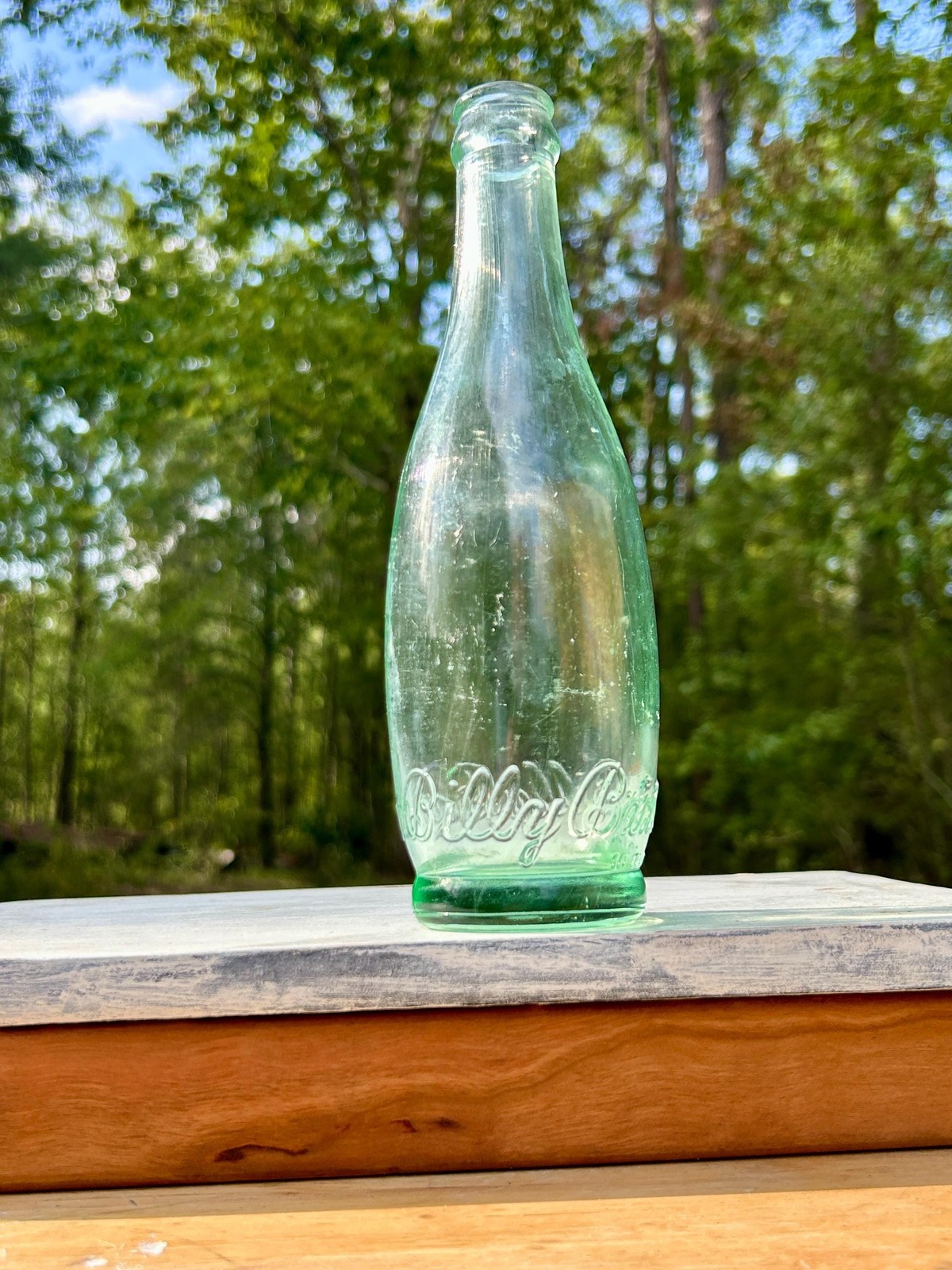 Antique Billy Baxter 10 oz Soda Bottle Aqua Green Embossed Script Pierce Glass