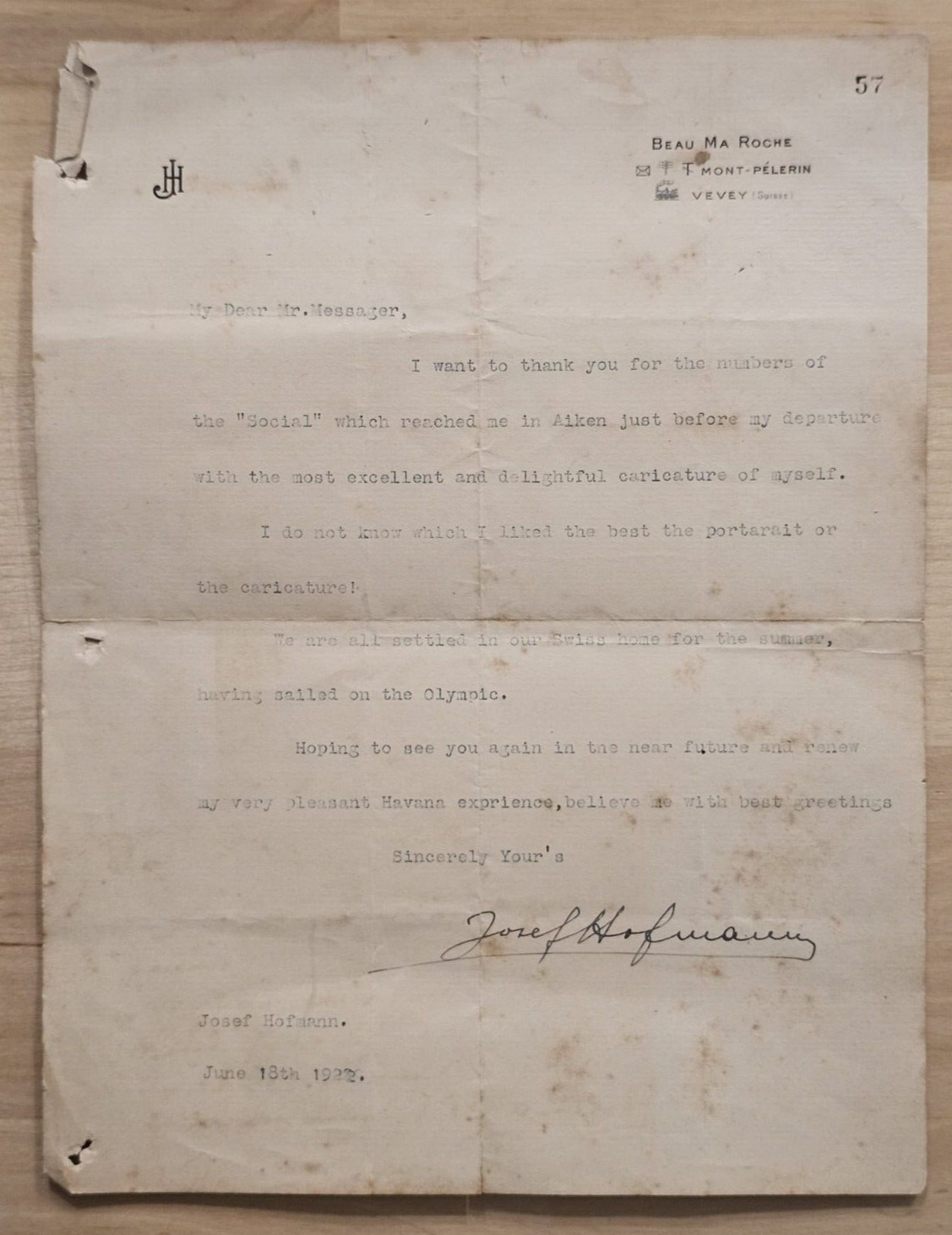1922 POLISH PIANIST Josef Casimir Hofmann SIGNED DOCUMENT LETTER  ORIG 514