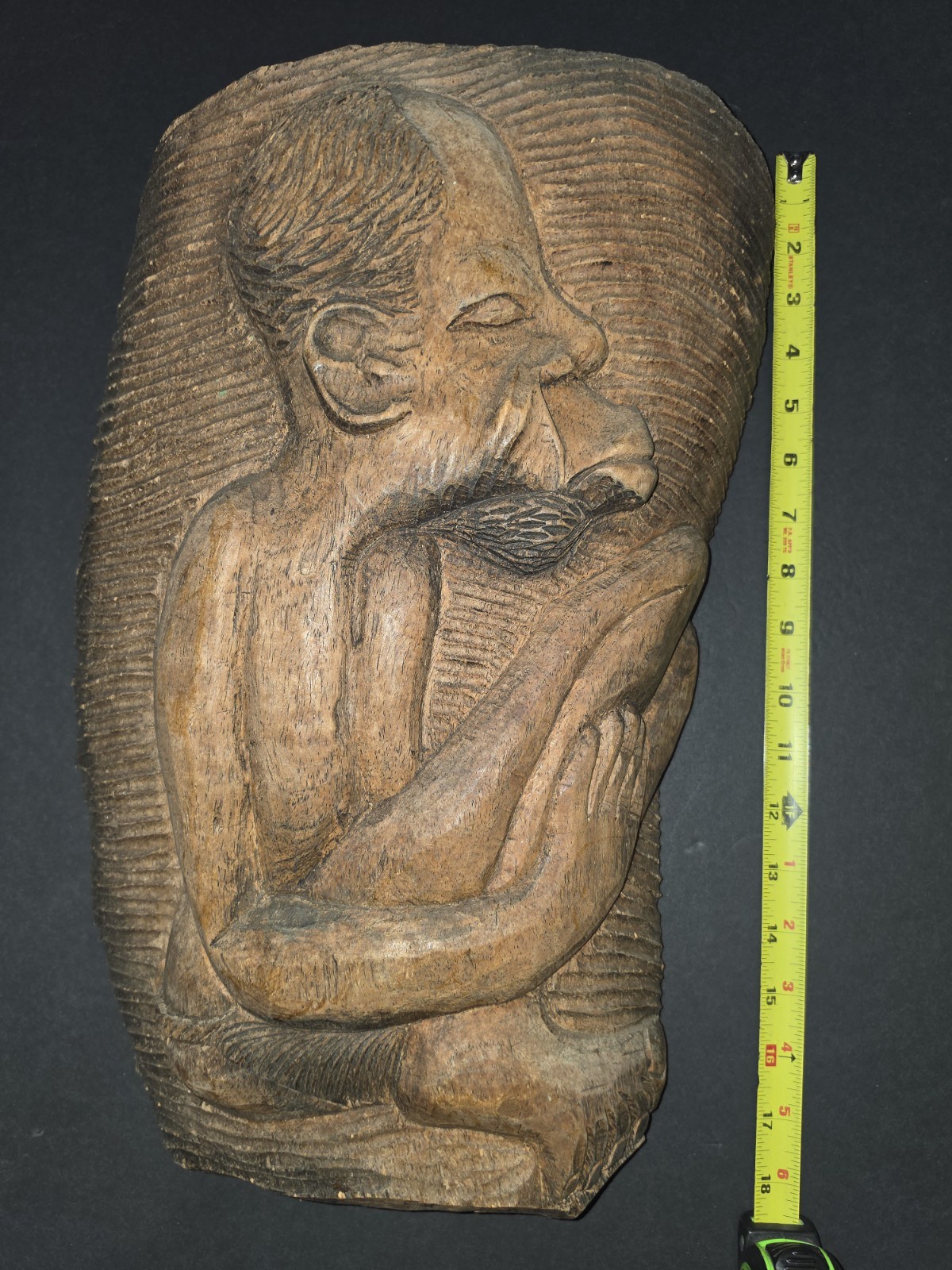 Vintage African Wood Carving Relief Seated Wise Man Shaman Makonde Tribal Art...