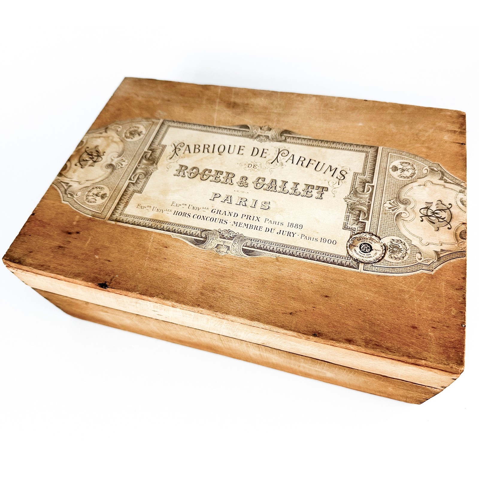 ROGER & GALLET PARIS Wood Box w/ Paper Label, FABRIQUE DE PARFUMS, c. 1889 FINE