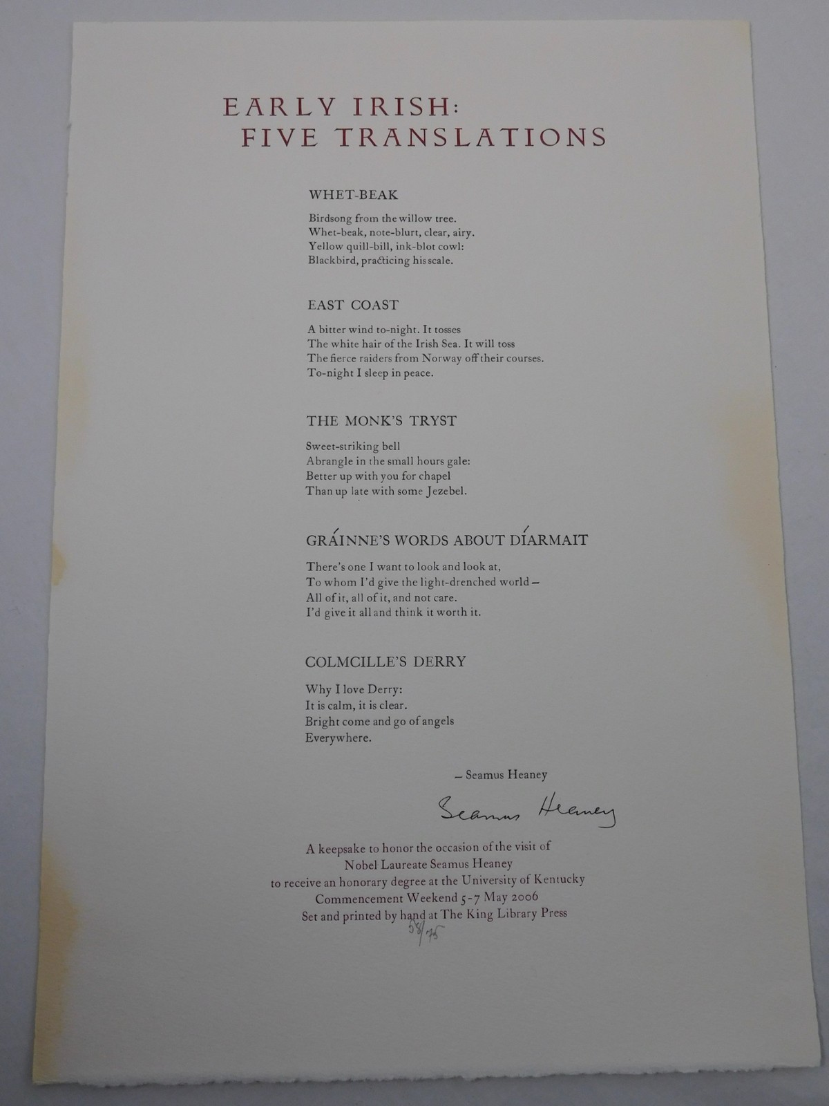 2006 Seamus Heaney Signed Poems 58/75 Early Irish: Five Translations - Laureate