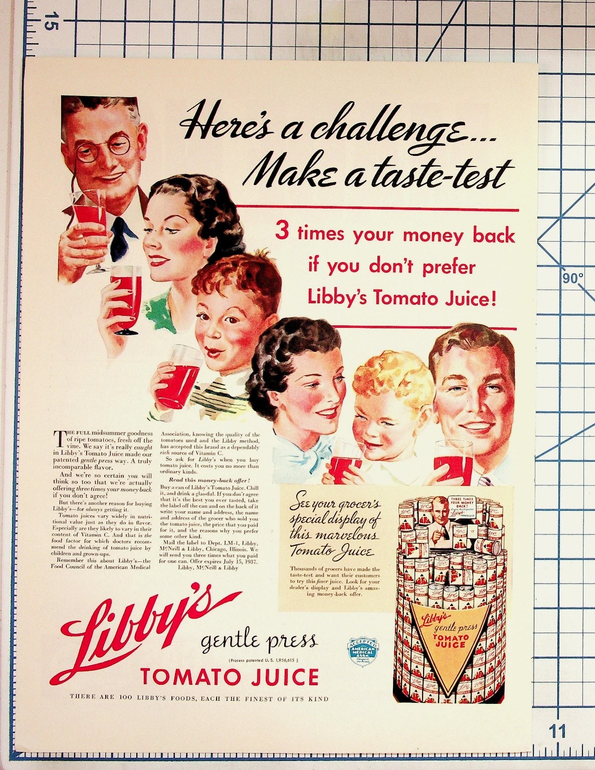 1937 Libby\'s Tomato Juice Vintage Print Ad Family Taste-Test Money Back Offer