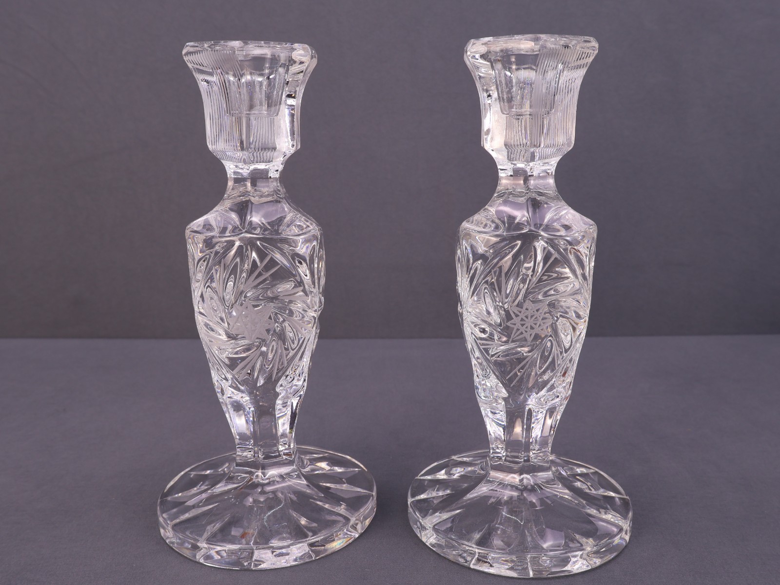Vintage Lead Crystal Candle Stick Holders Pinwheel Star Hobstar Pattern 7\