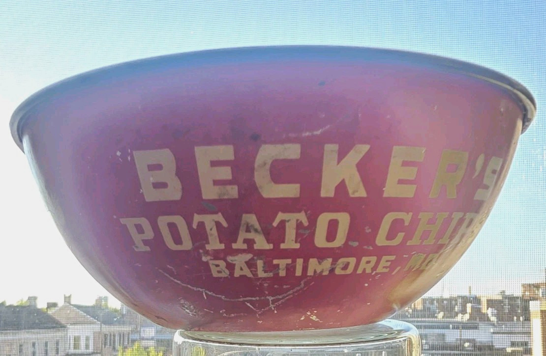 Rare Becker's Potato Chips vintage red/white advertising tin bowl, Baltimore MD