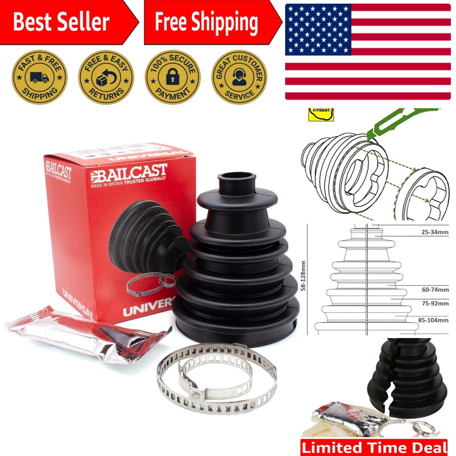 Universal CV Joint Boot Replacement Kit - Quick & Easy Installation in Black
